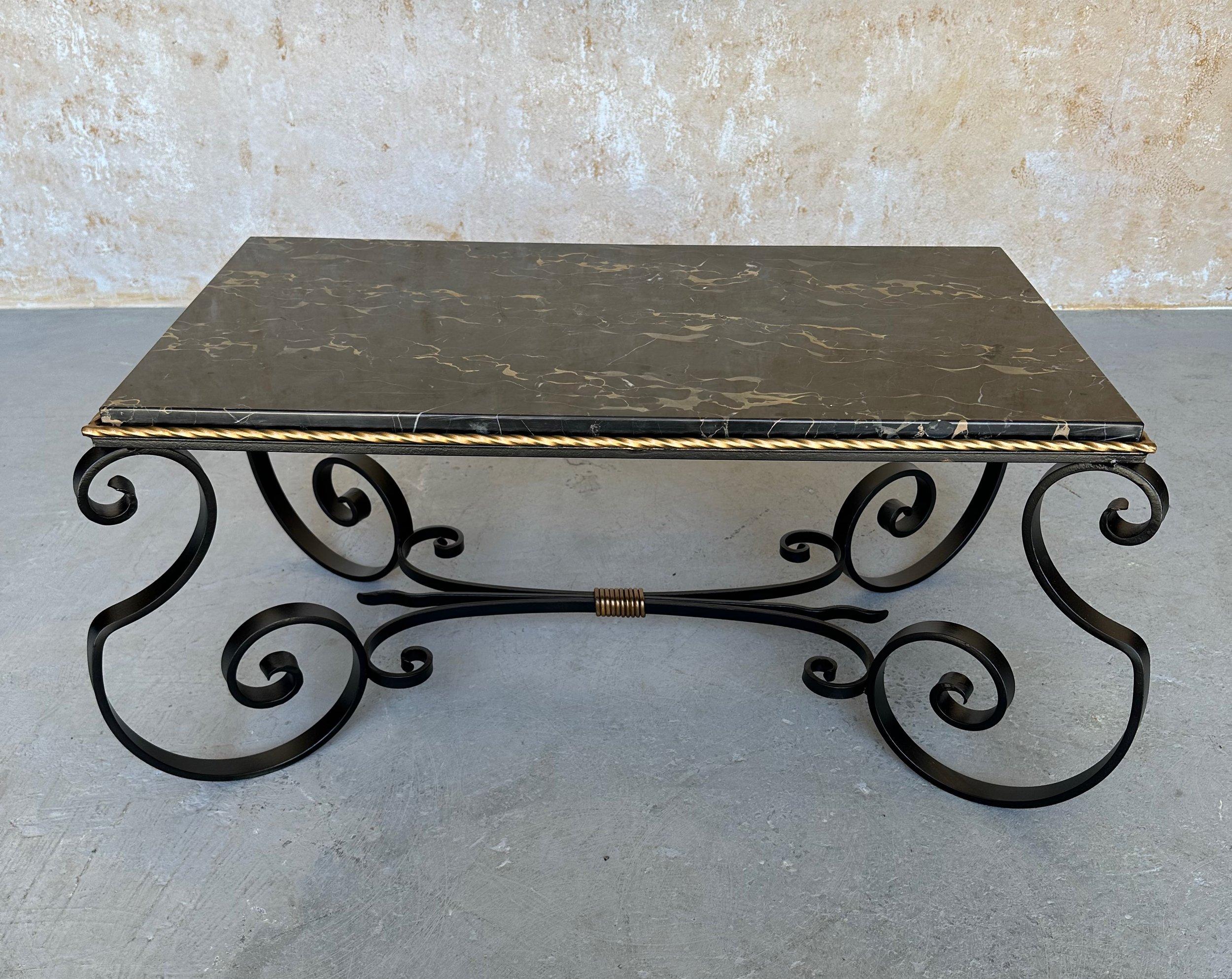 French Scrolled Iron Coffee Table With Marble Top For Sale 1
