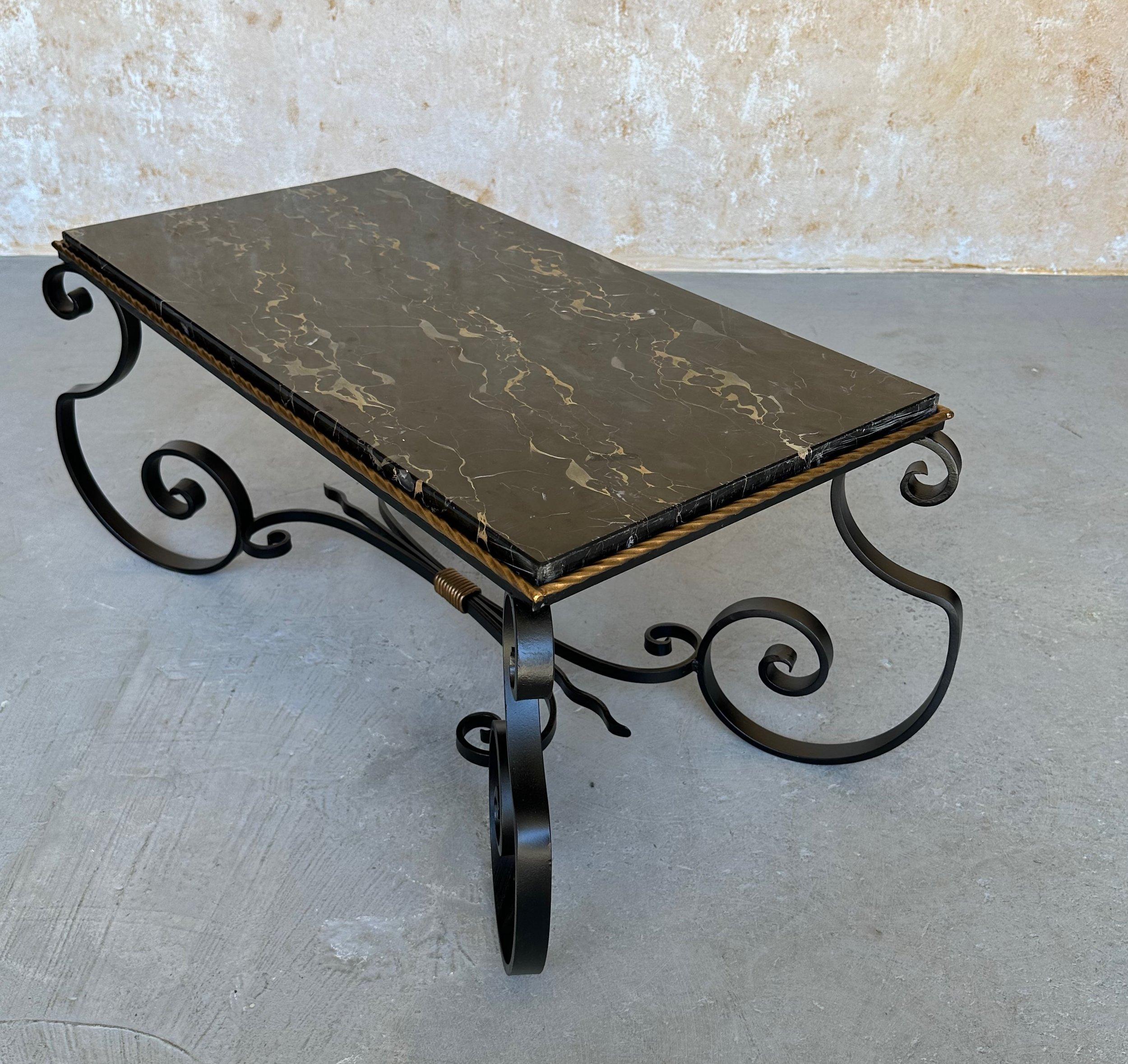 French Scrolled Iron Coffee Table With Marble Top For Sale 2