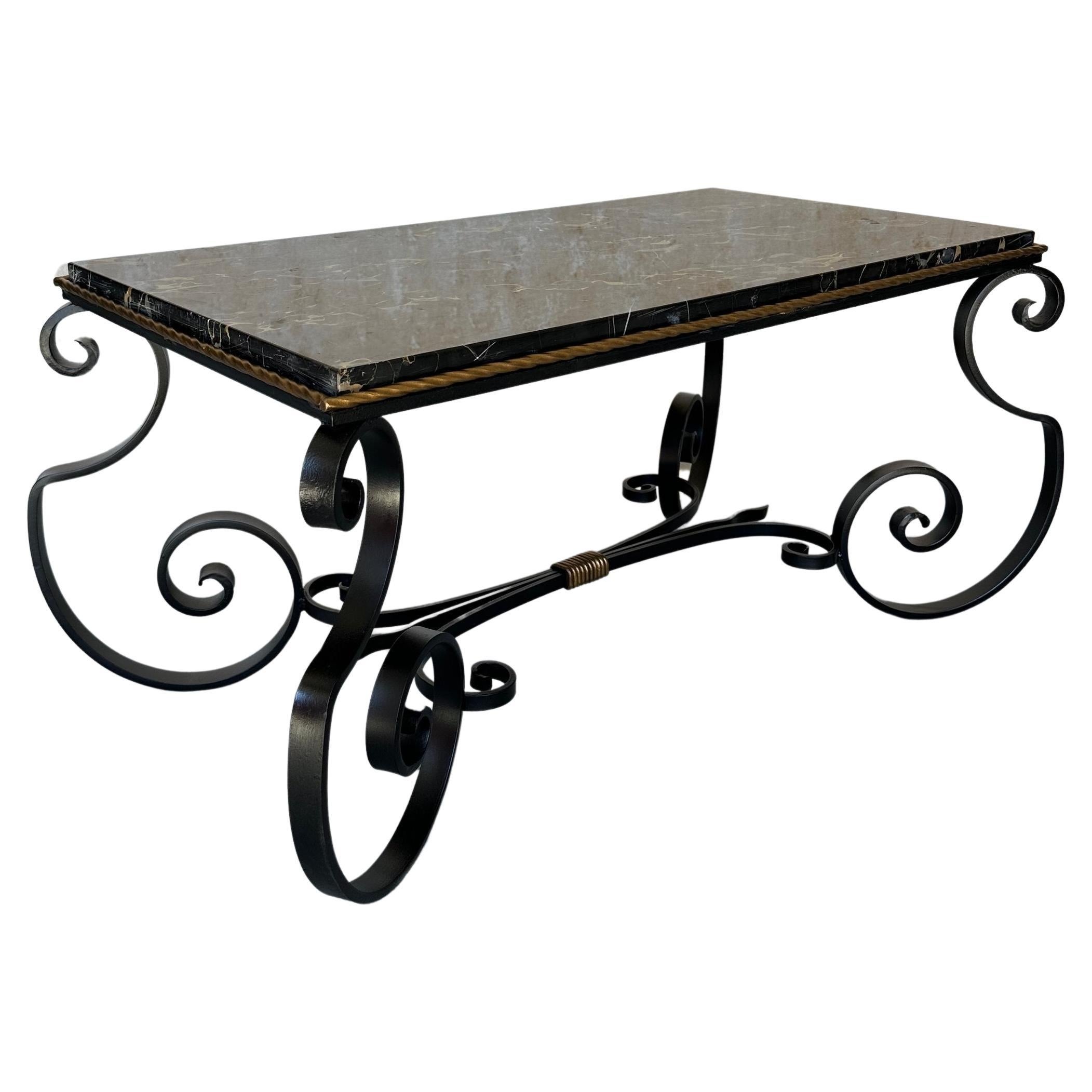 French Scrolled Iron Coffee Table With Marble Top For Sale