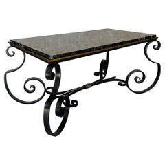 French Scrolled Iron Coffee Table With Marble Top