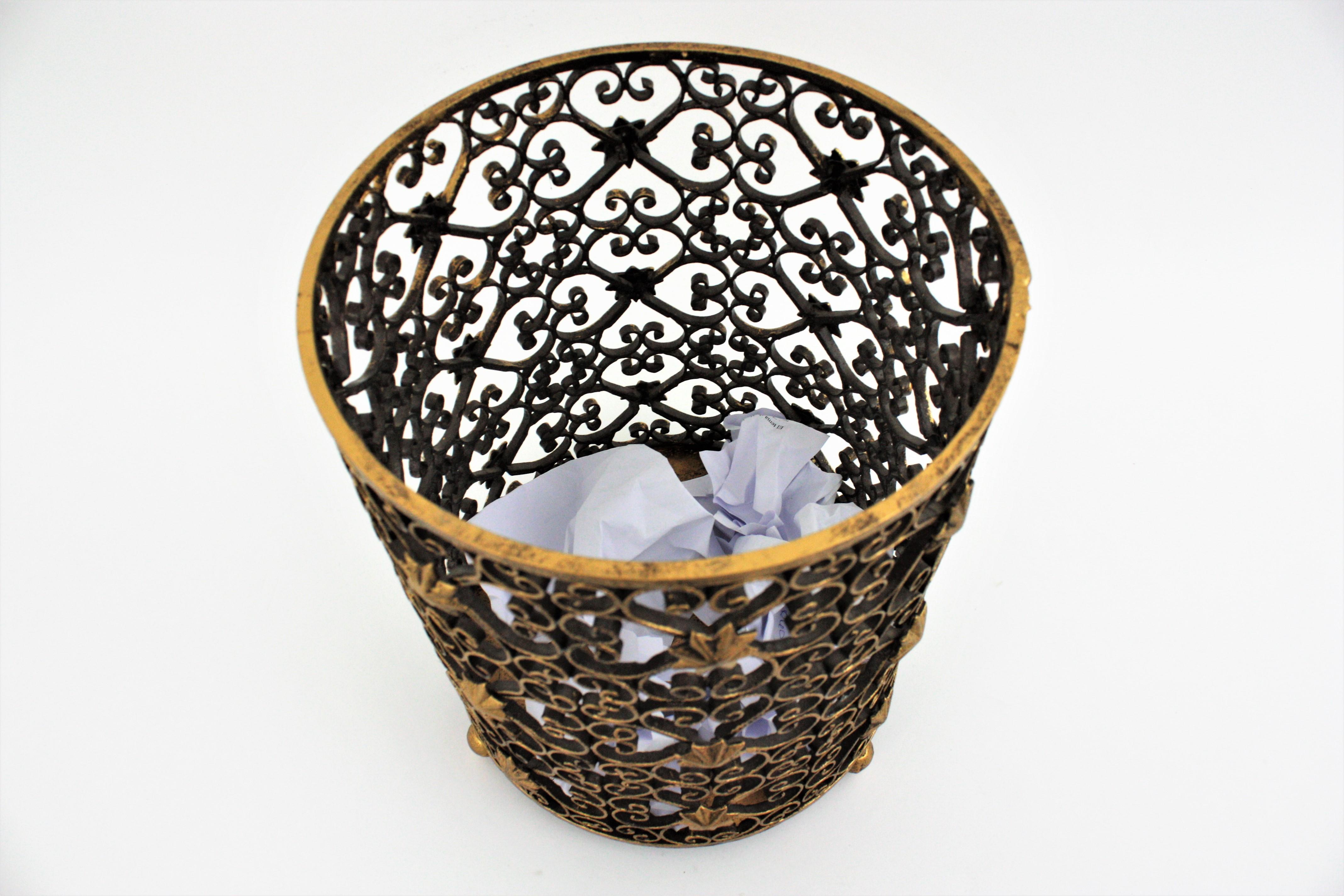French Scrollwork Waste Basket Bin in Gilt Wrought Iron with Star Accents 5