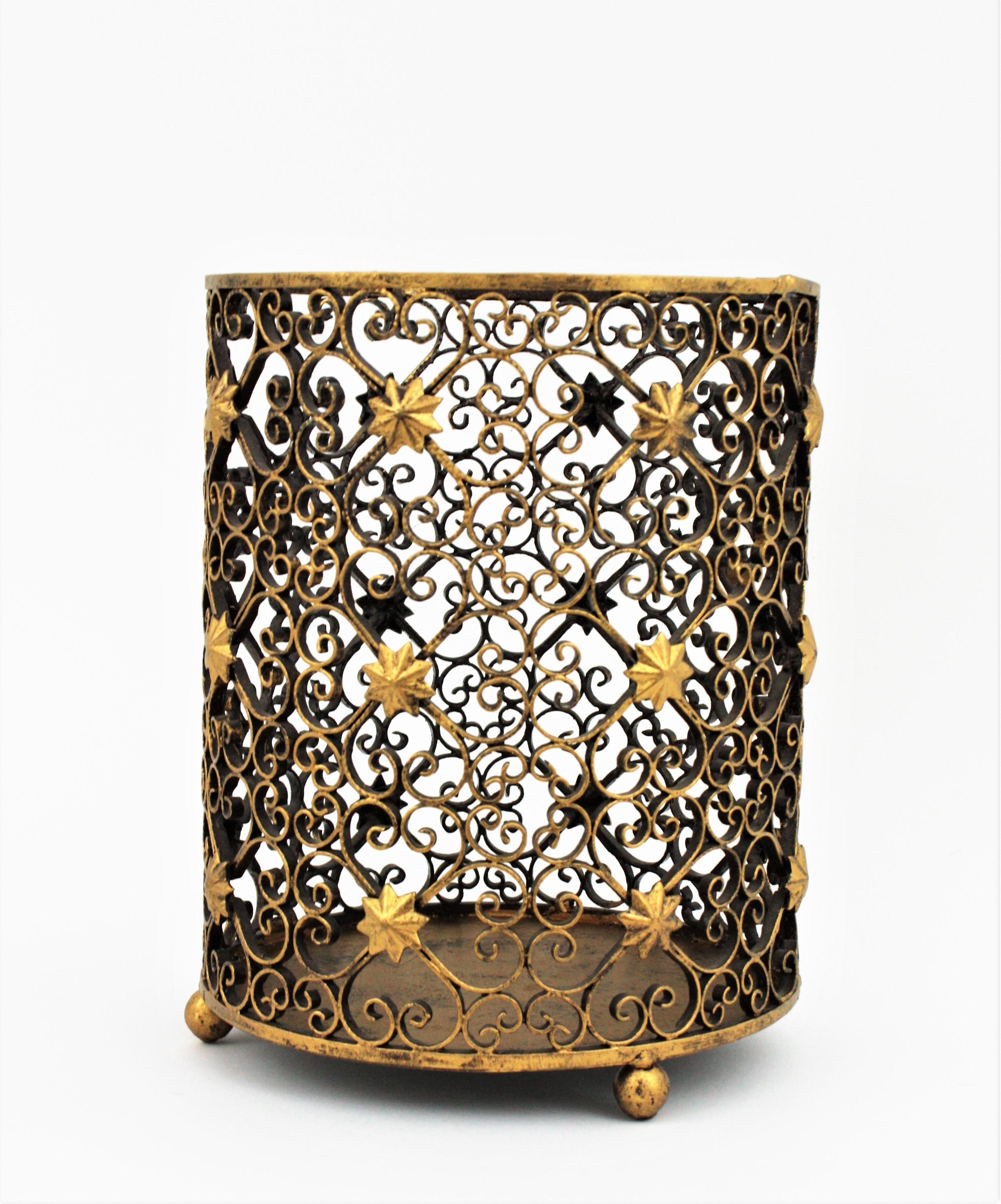 French Scrollwork Waste Basket Bin in Gilt Wrought Iron with Star Accents 7