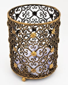 French Scrollwork Waste Basket Bin in Gilt Wrought Iron with Star Accents