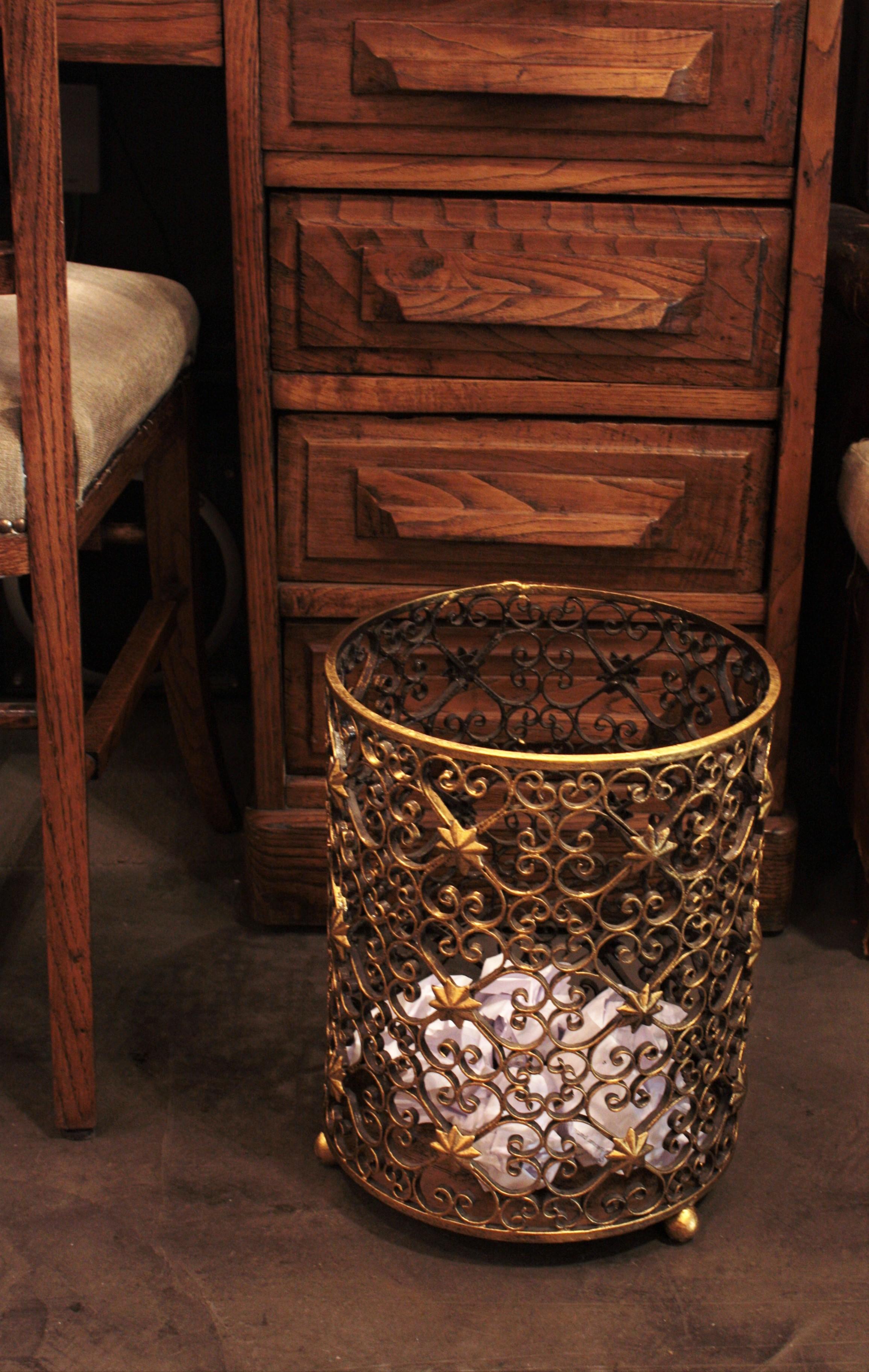 Hollywood Regency French Scrollwork Waste Basket Bin in Gilt Wrought Iron with Star Accents