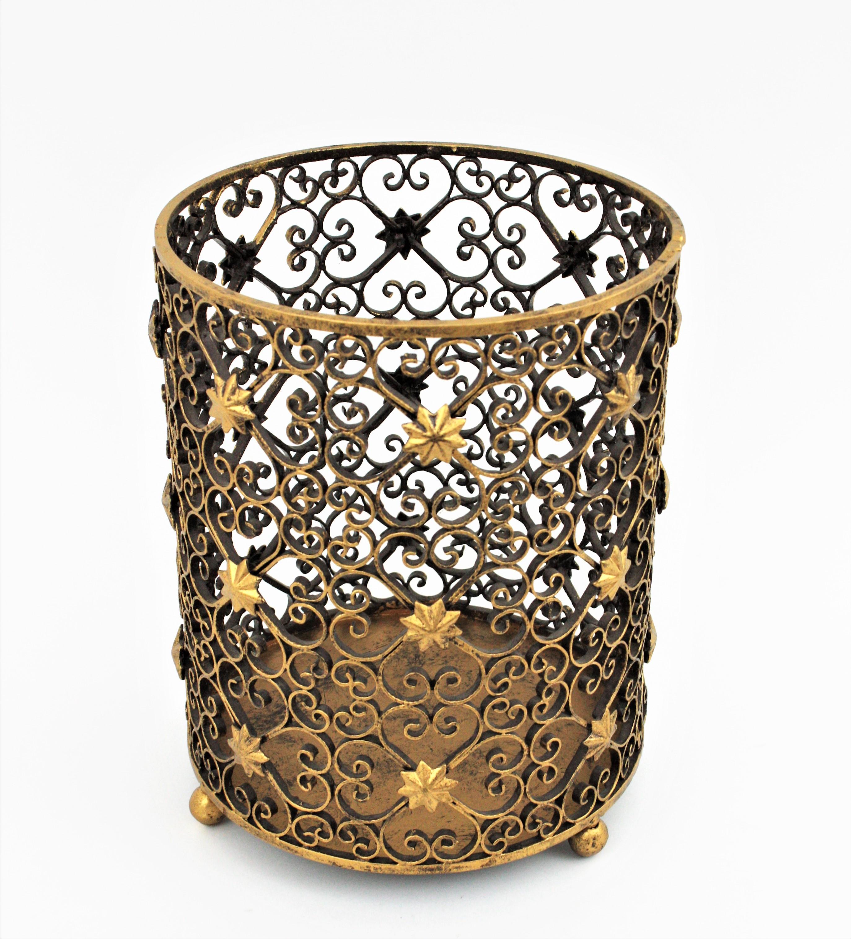20th Century French Scrollwork Waste Basket Bin in Gilt Wrought Iron with Star Accents
