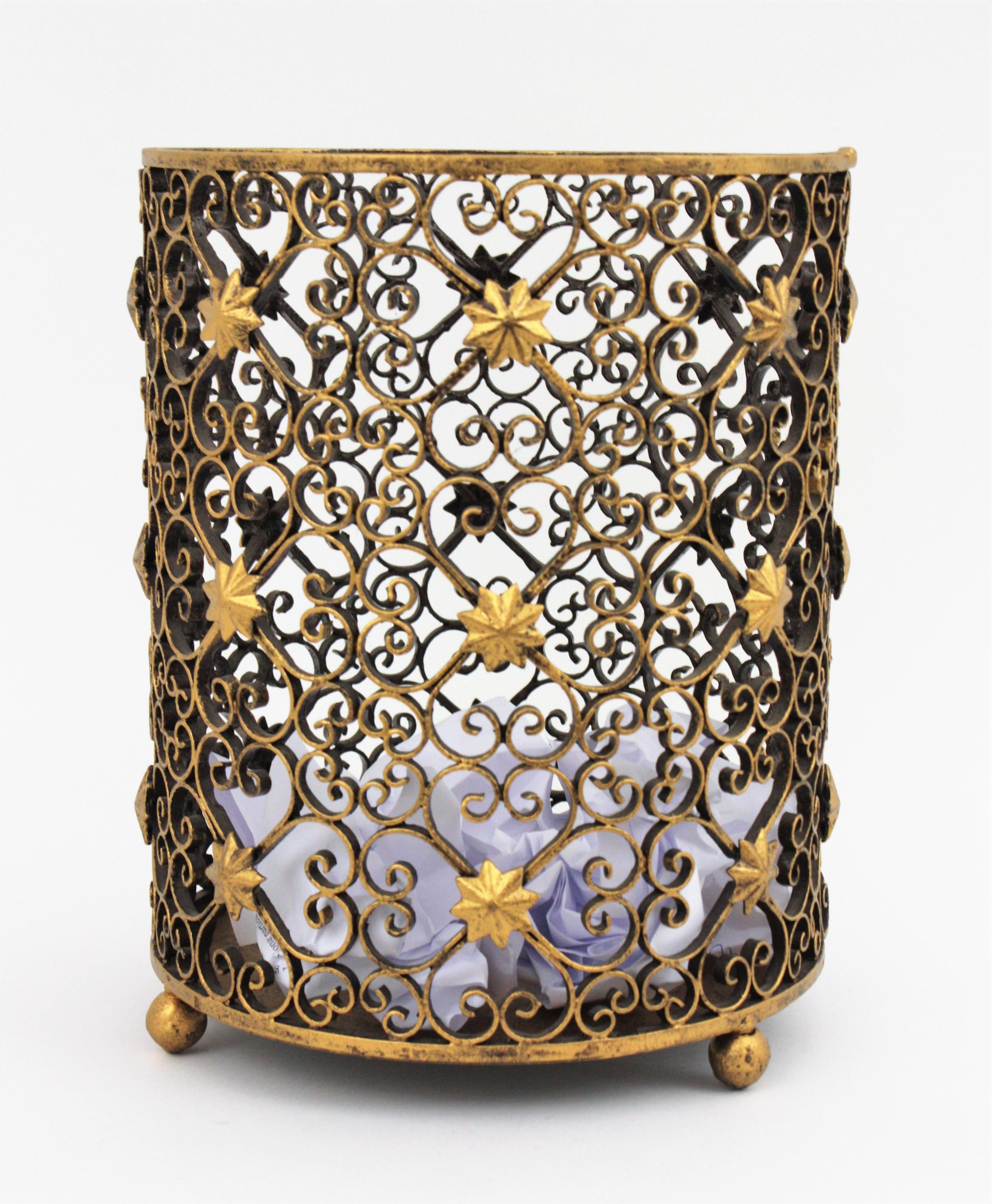 French Scrollwork Waste Basket Bin in Gilt Wrought Iron with Star Accents 1