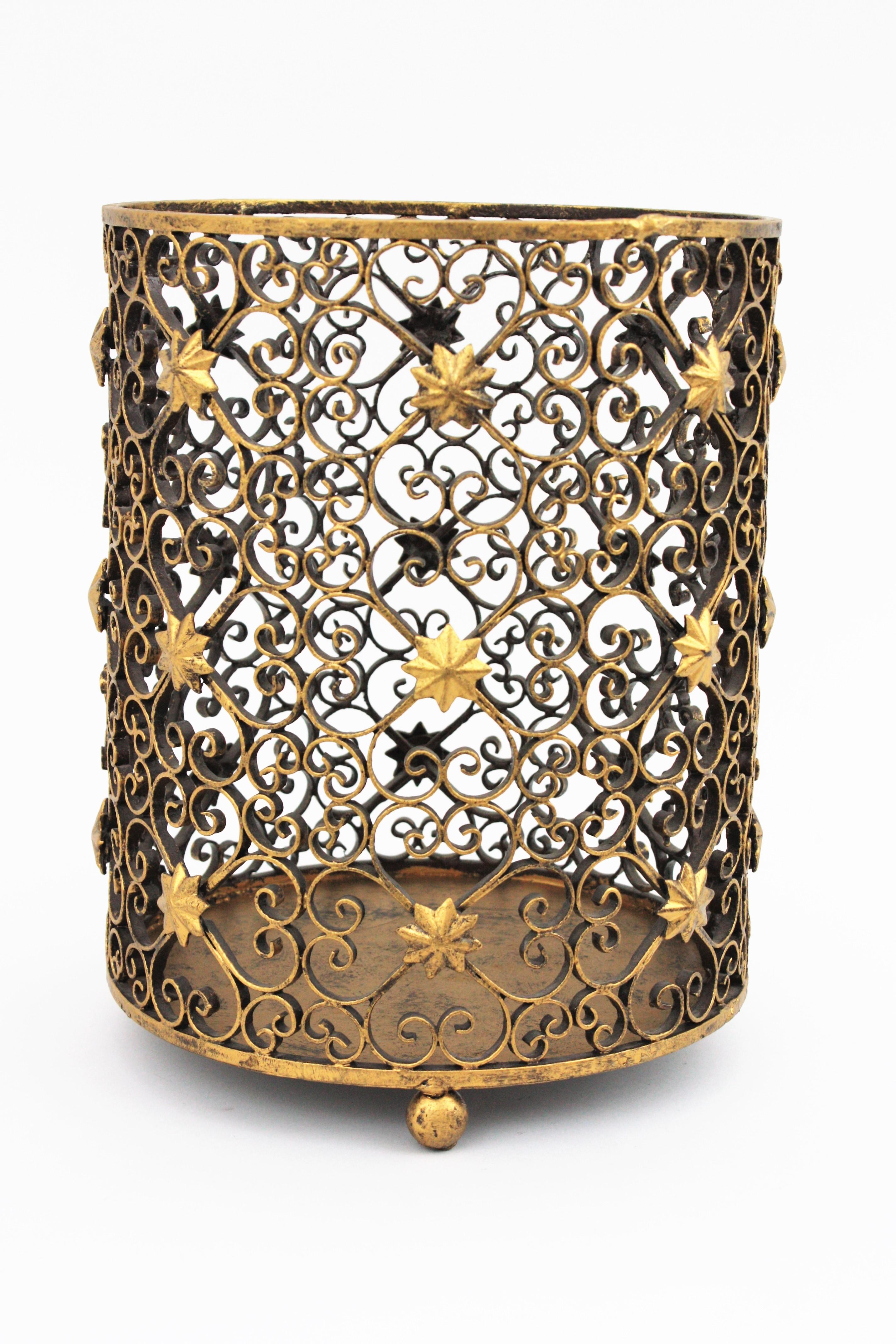 French Scrollwork Waste Basket Bin in Gilt Wrought Iron with Star Accents 2