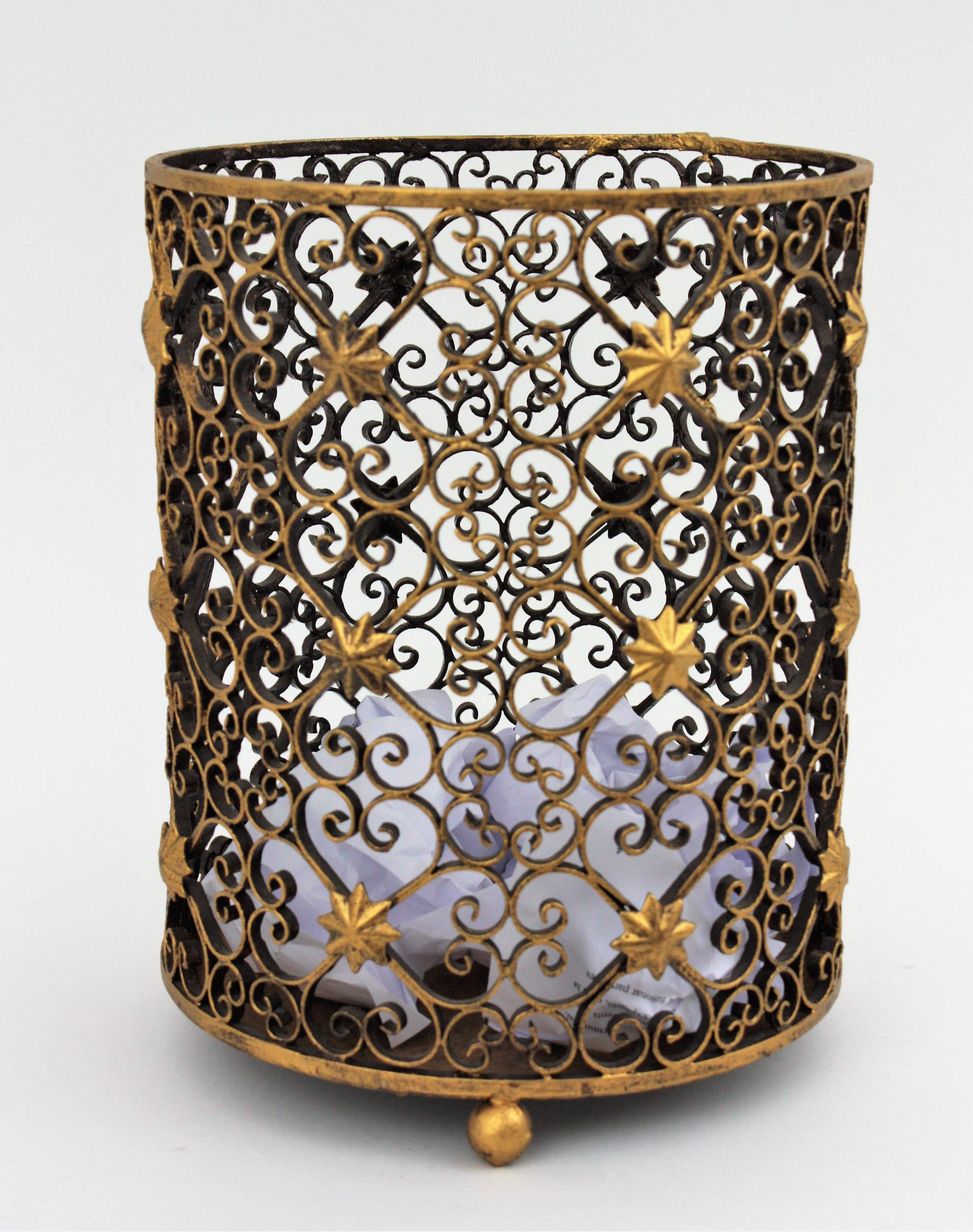 French Scrollwork Waste Basket Bin in Gilt Wrought Iron with Star Accents 3