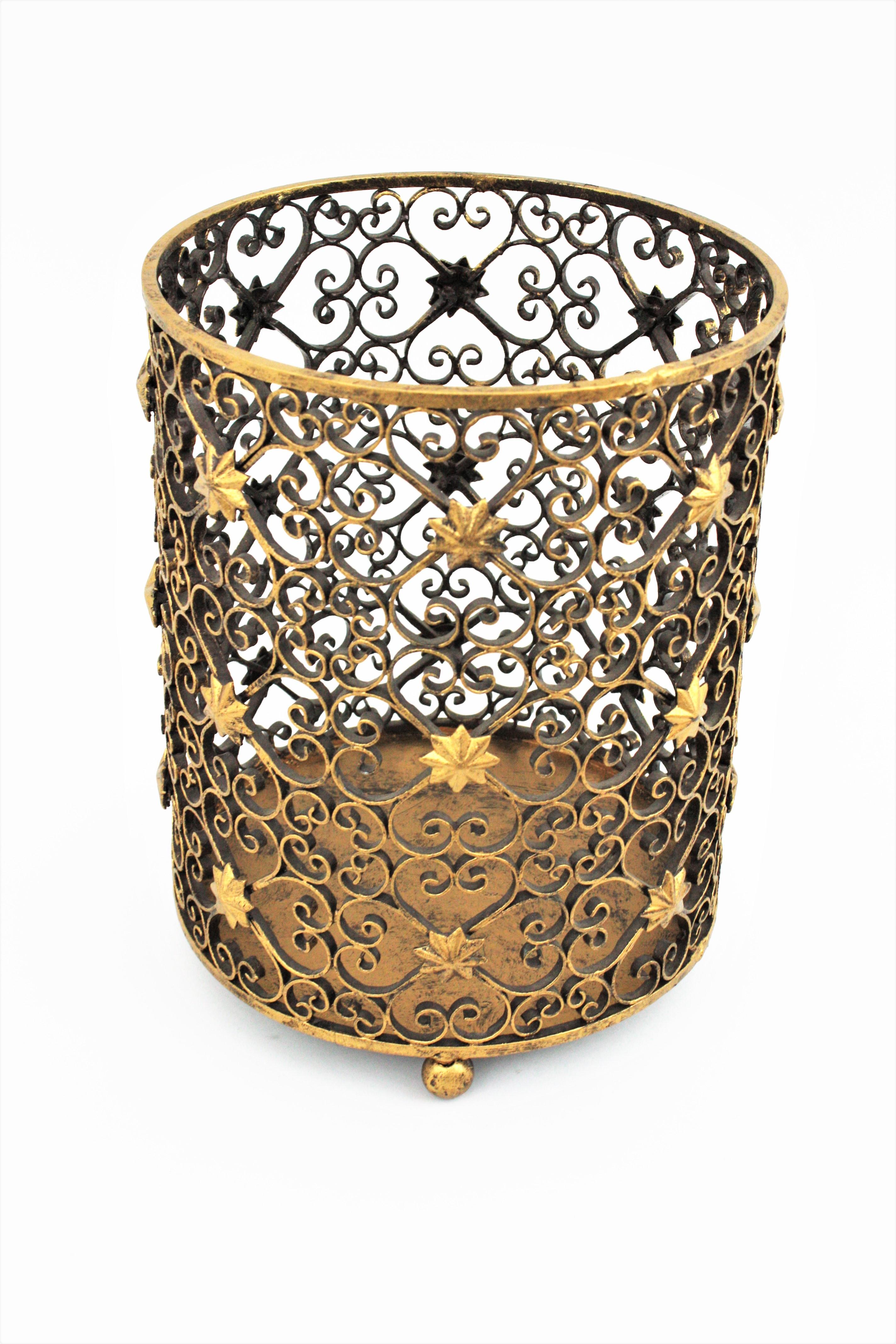 French Scrollwork Waste Basket Bin in Gilt Wrought Iron with Star Accents 4