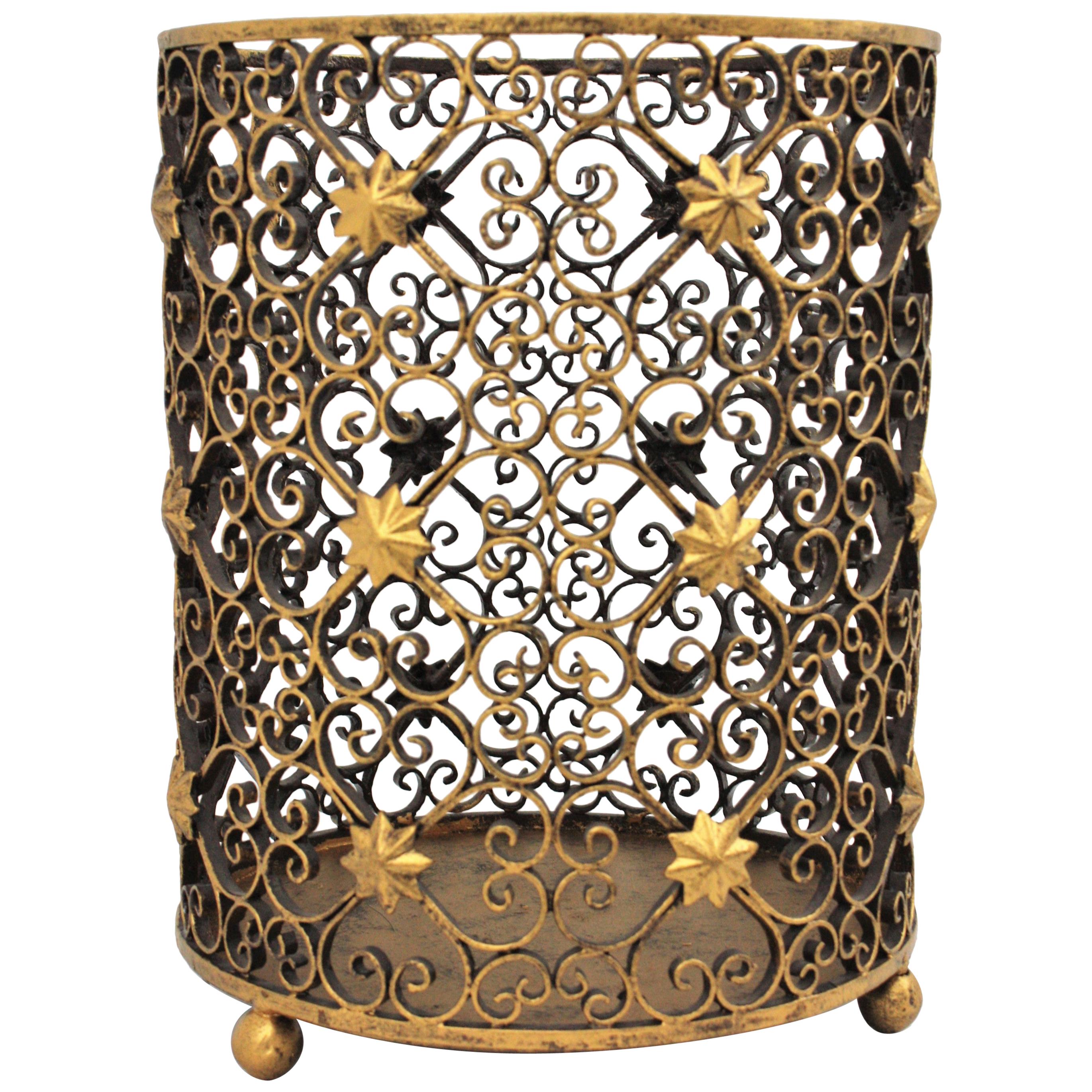 French Scrollwork Waste Basket Bin in Gilt Wrought Iron with Star Accents