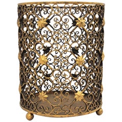 Retro French Scrollwork Waste Basket Bin in Gilt Wrought Iron with Star Accents