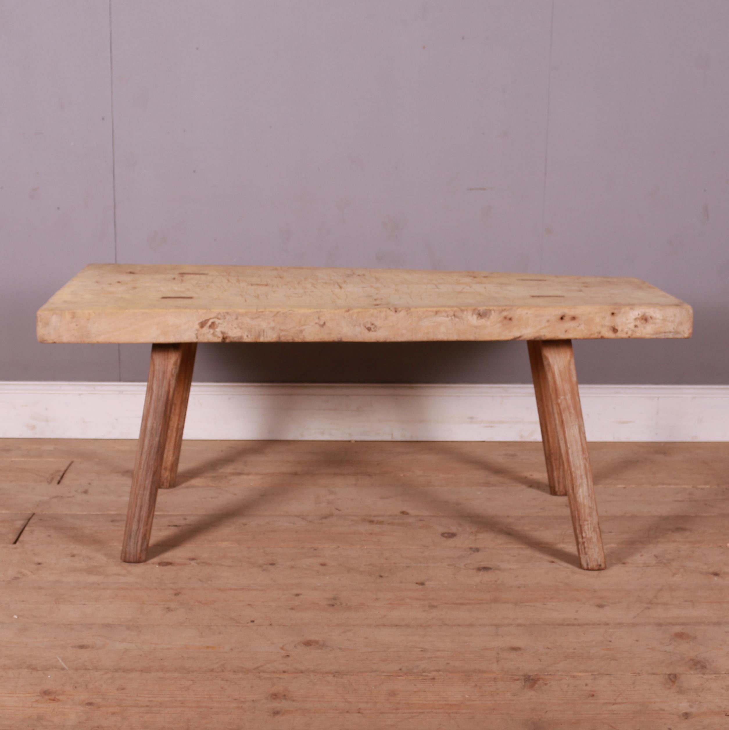 Large French scrubbed sycamore and elm primitive trestle table. 1880.

Can be reduced in height to make a coffee table.

Ref: B

Reference: 7289

Dimensions
55 inches (140 cms) Wide
22 inches (56 cms) Deep
23.5 inches (60 cms) High.

 