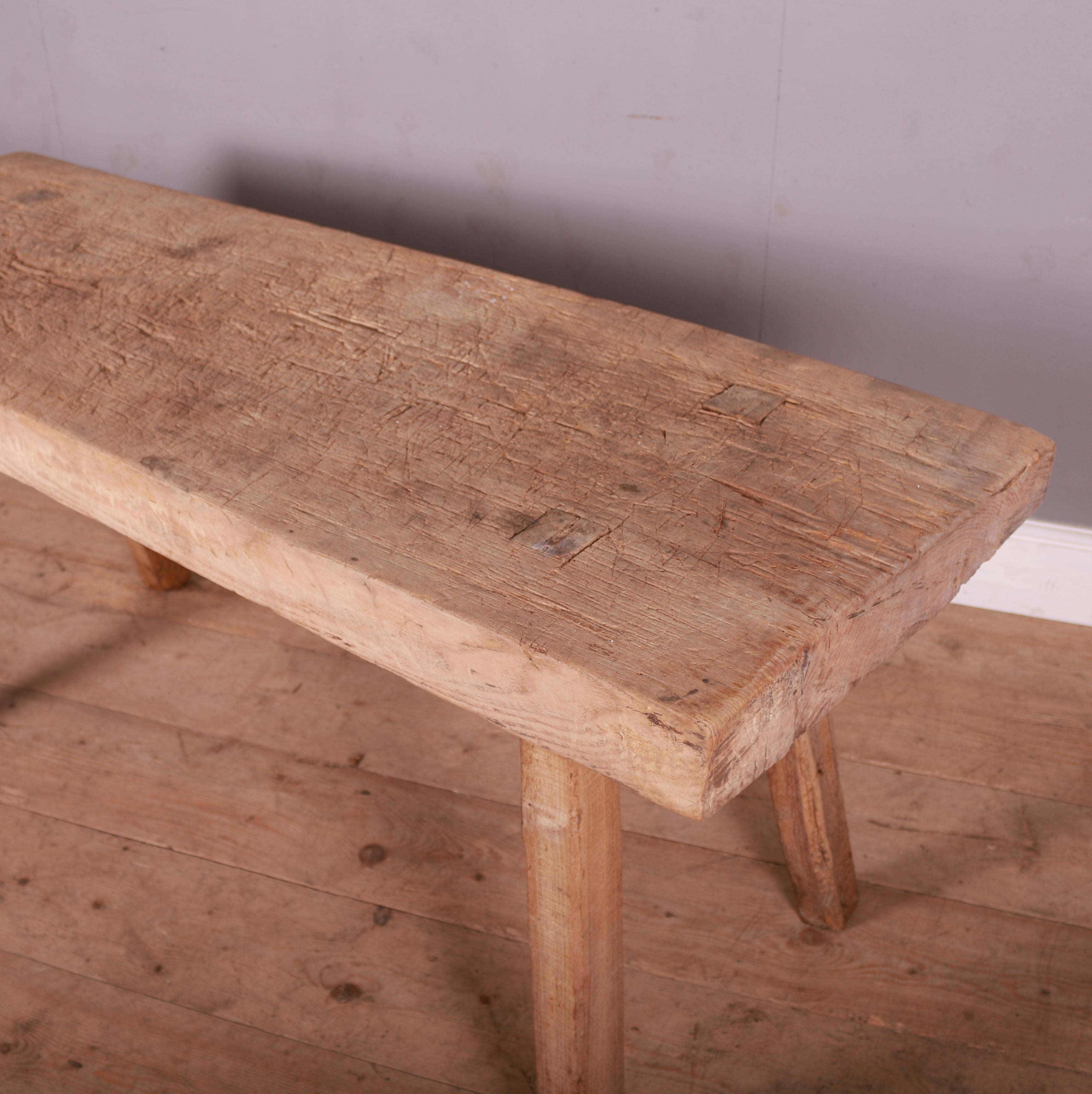 French scrubbed sycamore and elm trestle table. 1880.

Can be reduced in height to make into a coffee table.

Top is 21.5