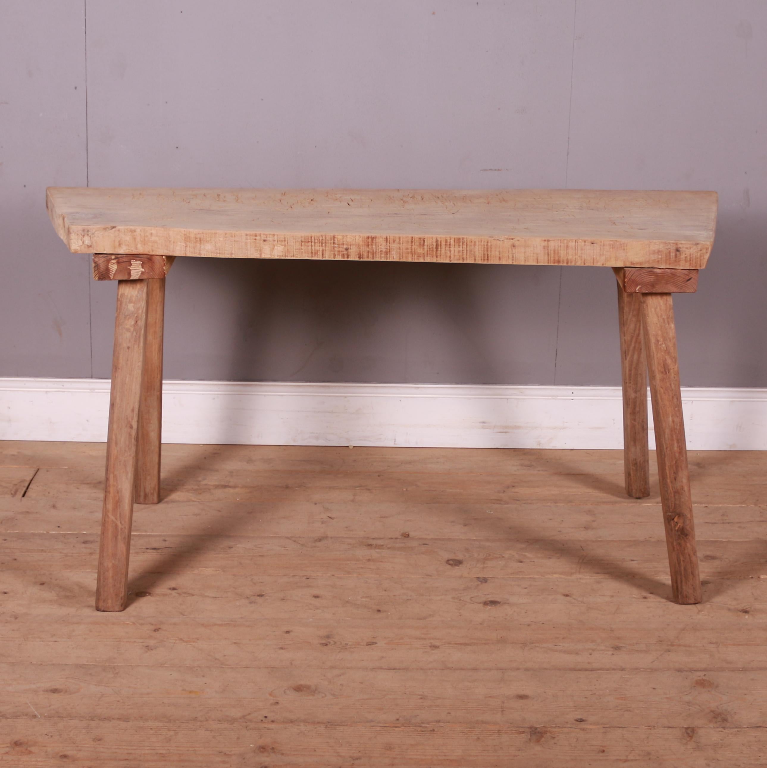 French scrubbed sycamore and elm trestle table. 1880.

Can be reduced in height to make into a coffee table.

Top is 20.5