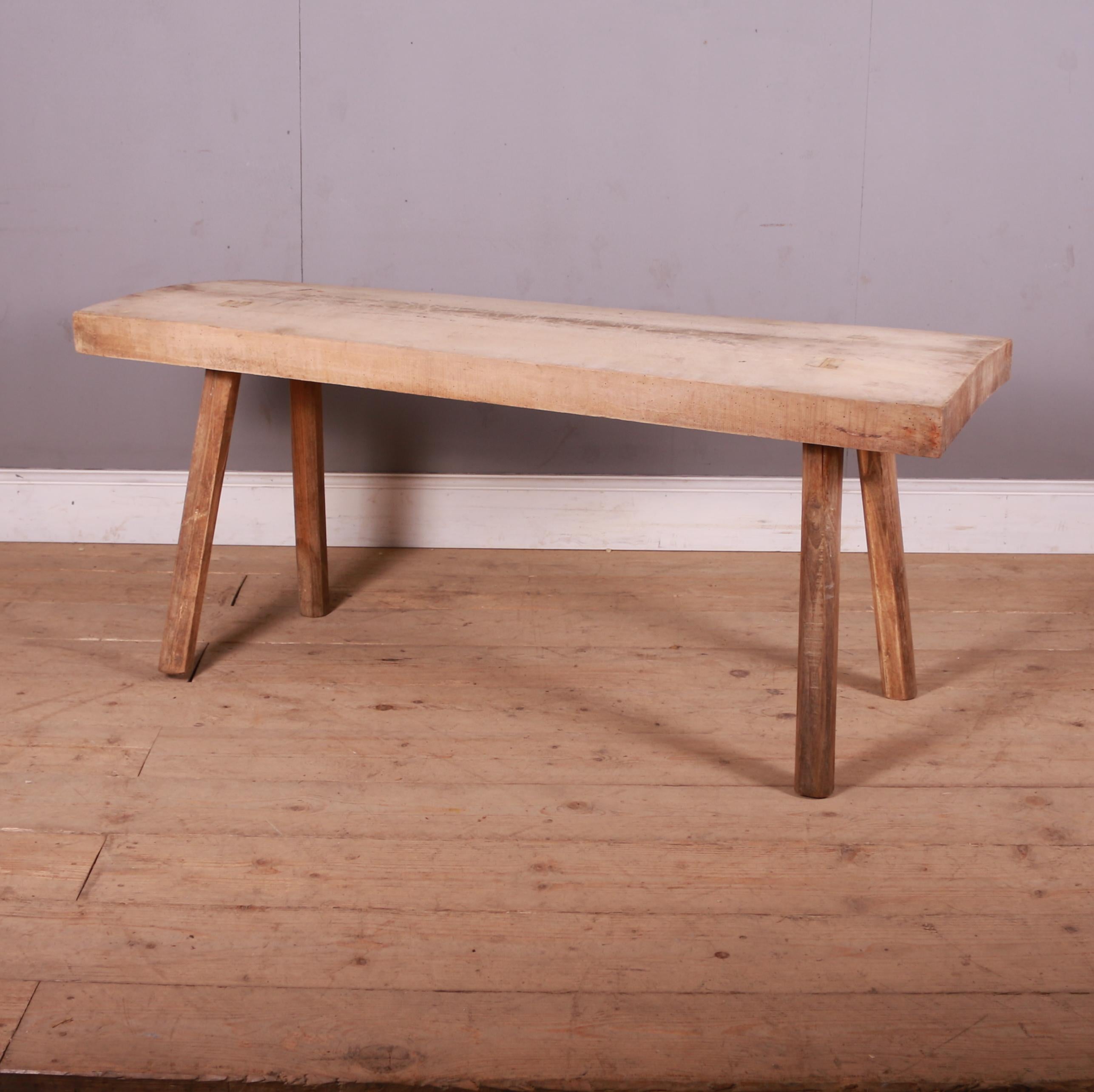 French scrubbed sycamore and elm trestle table. 1880.

Can be reduced in height to make into a coffee table.

Top is 3