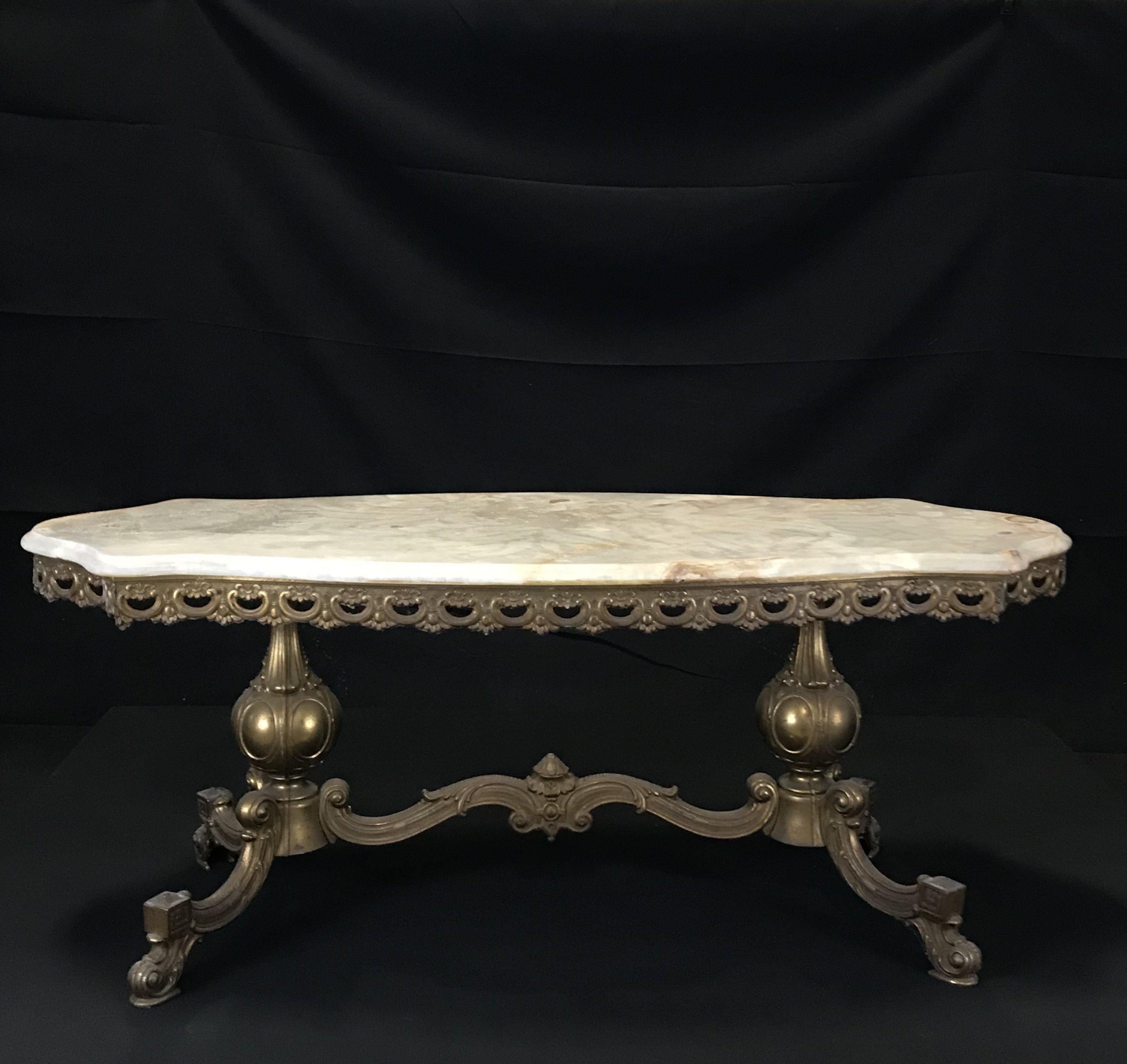 French Sculpted Marble Top Coffee Table with Figural Bronze Base In Good Condition In Hopewell, NJ