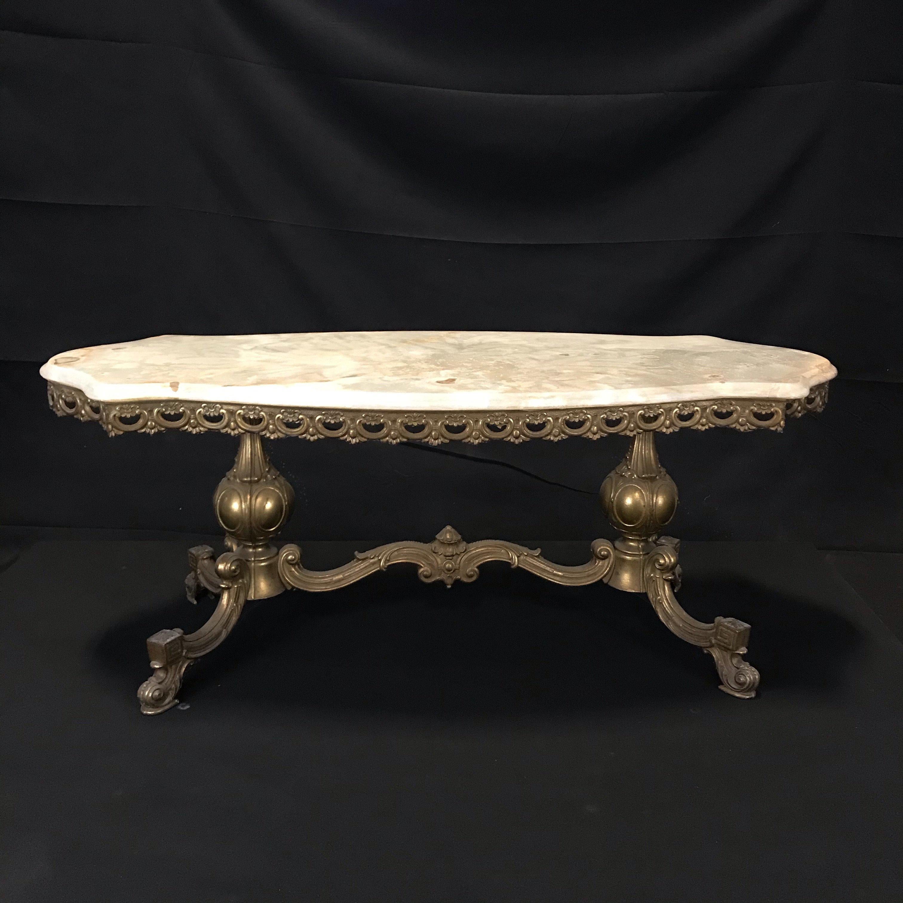 Mid-20th Century French Sculpted Marble Top Coffee Table with Figural Bronze Base