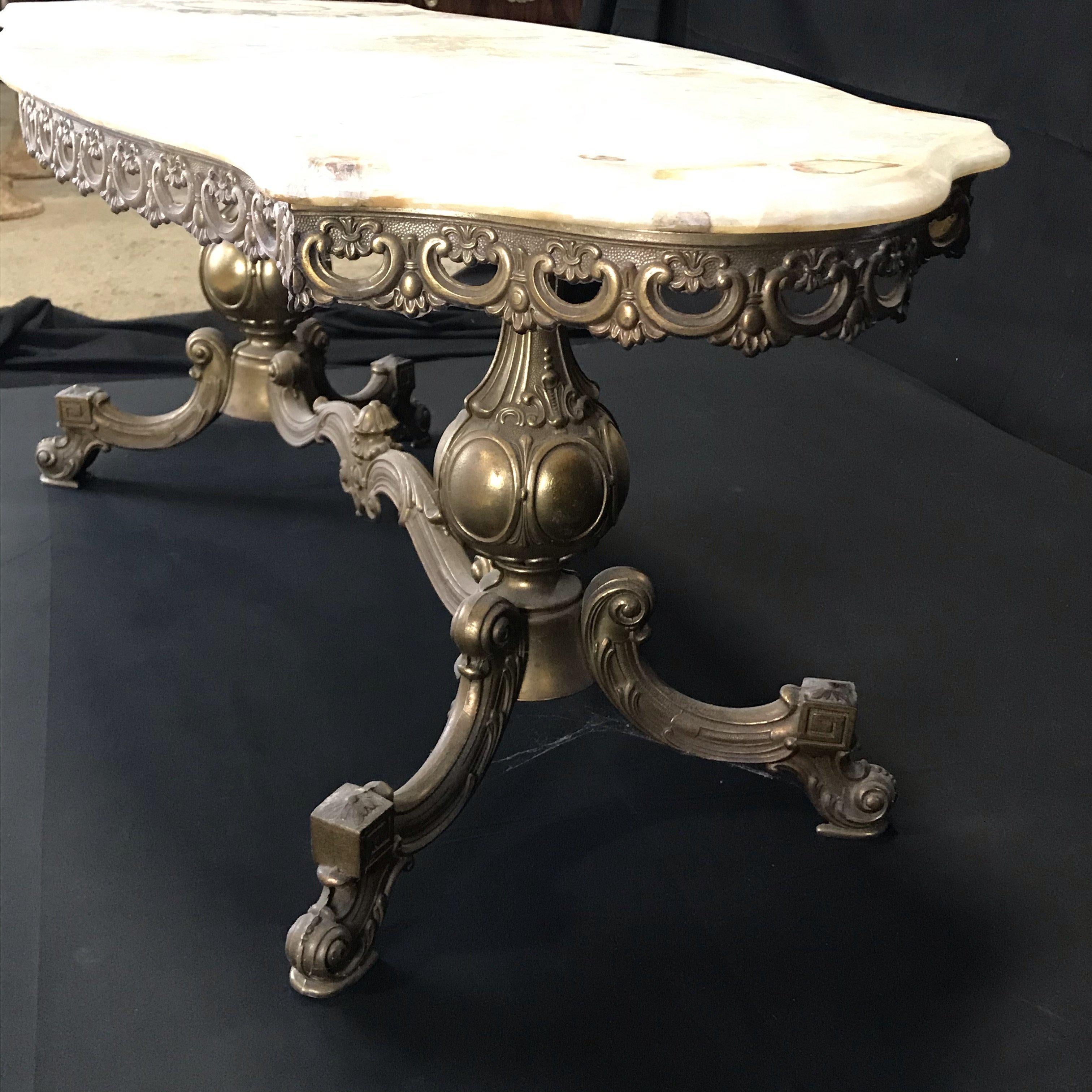 French Sculpted Marble Top Coffee Table with Figural Bronze Base 2