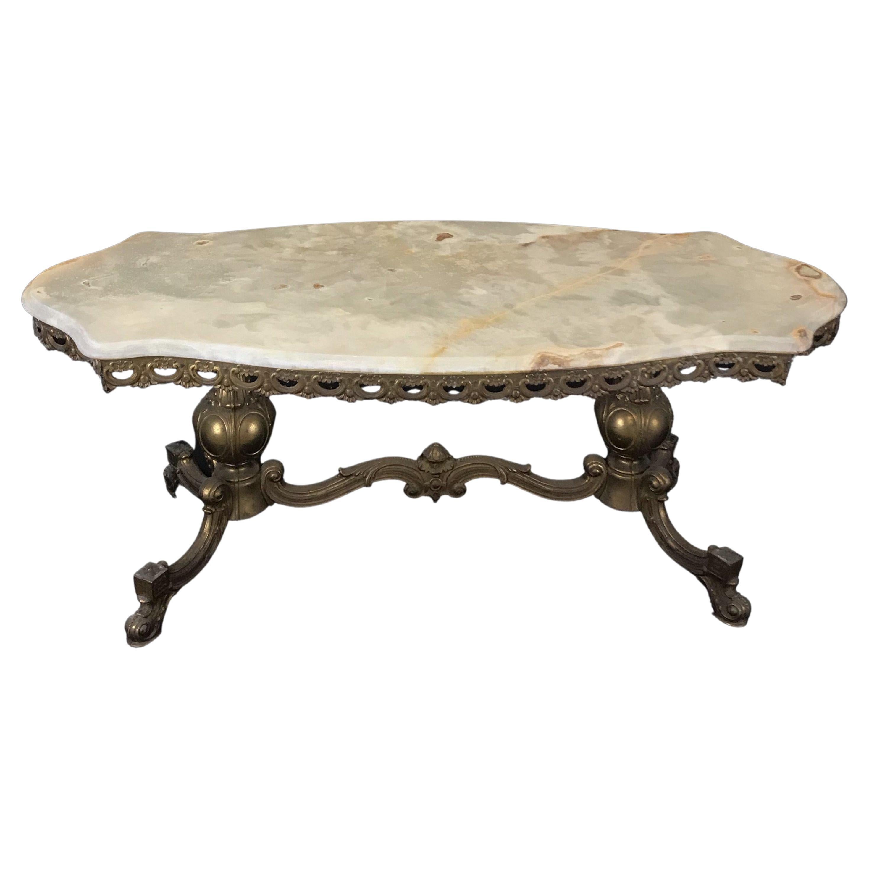 French Sculpted Marble Top Coffee Table with Figural Bronze Base