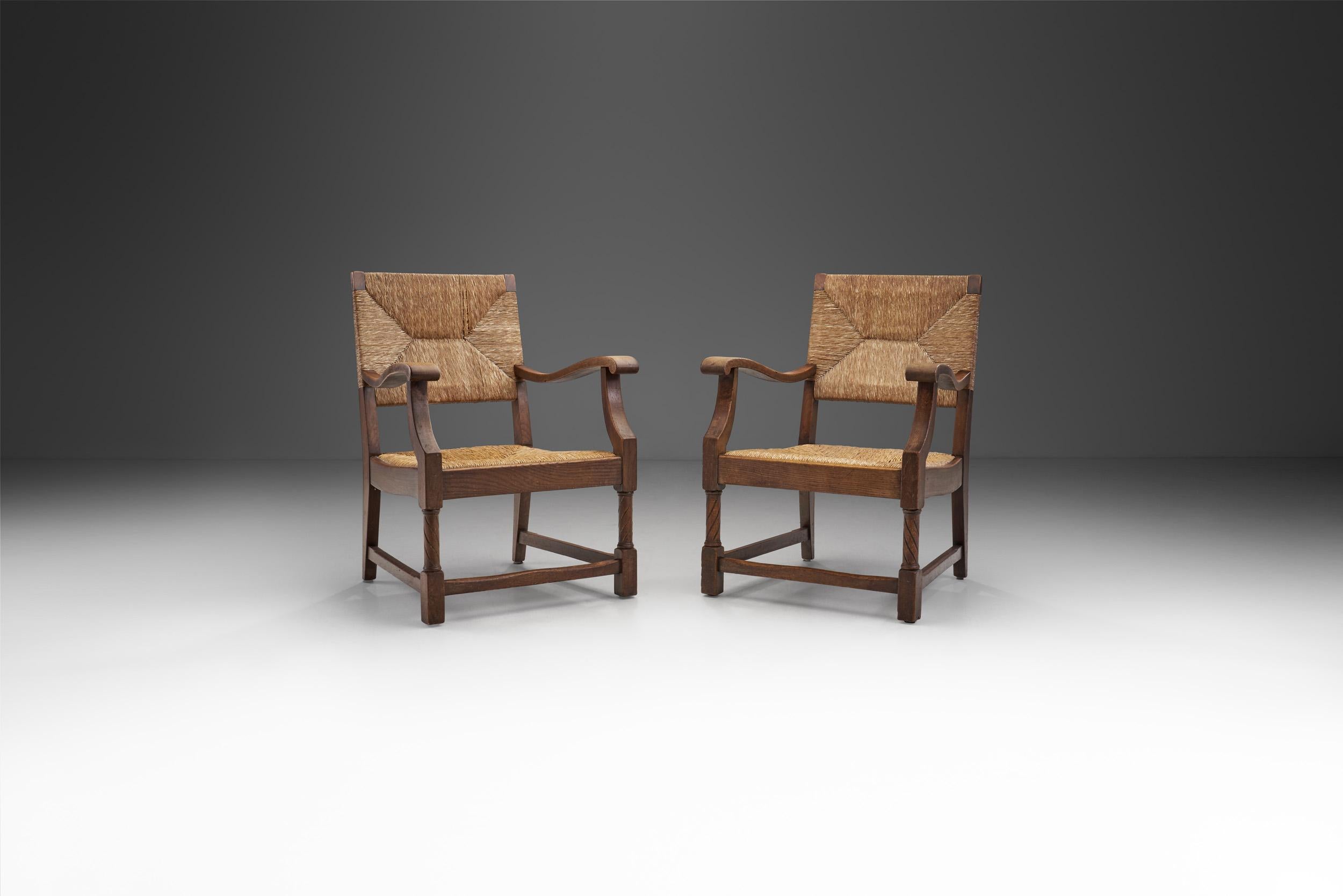 This pair of classic armchairs stands as evidence why many French designers looked back to organic forms during the 1970s. While many early 1970s furniture designs took cues from the Art Deco shapes and forms, a more understated style also became