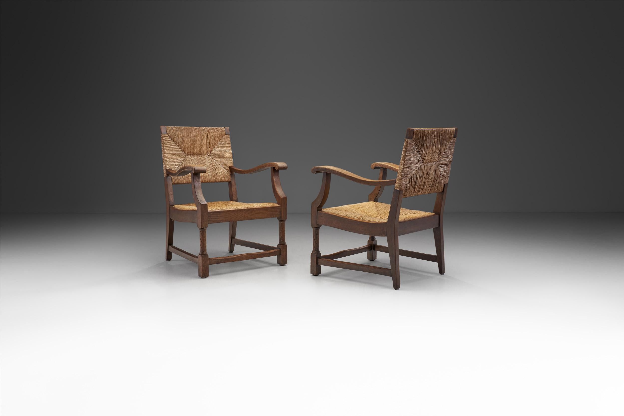 Mid-Century Modern French Sculpted Oak and Paper Cord Armchairs, France, 1970s