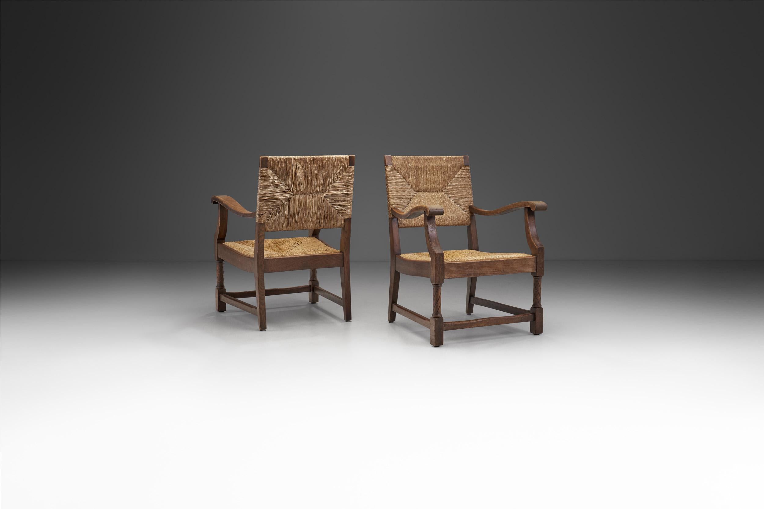 French Sculpted Oak and Paper Cord Armchairs, France, 1970s In Good Condition In Utrecht, NL