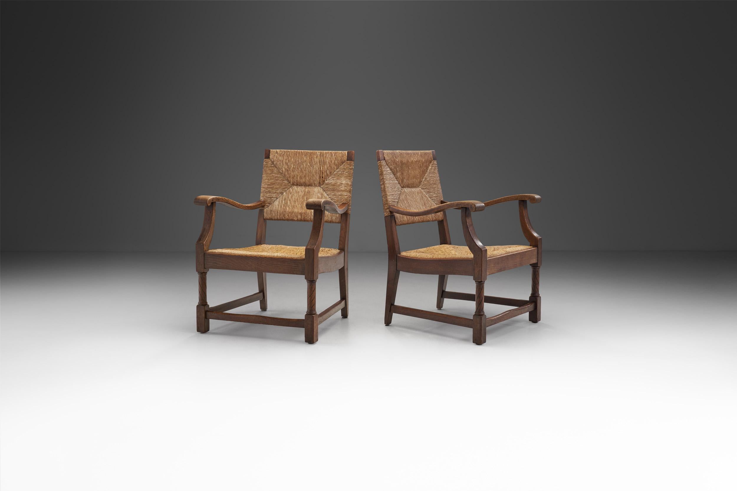 Late 20th Century French Sculpted Oak and Paper Cord Armchairs, France, 1970s