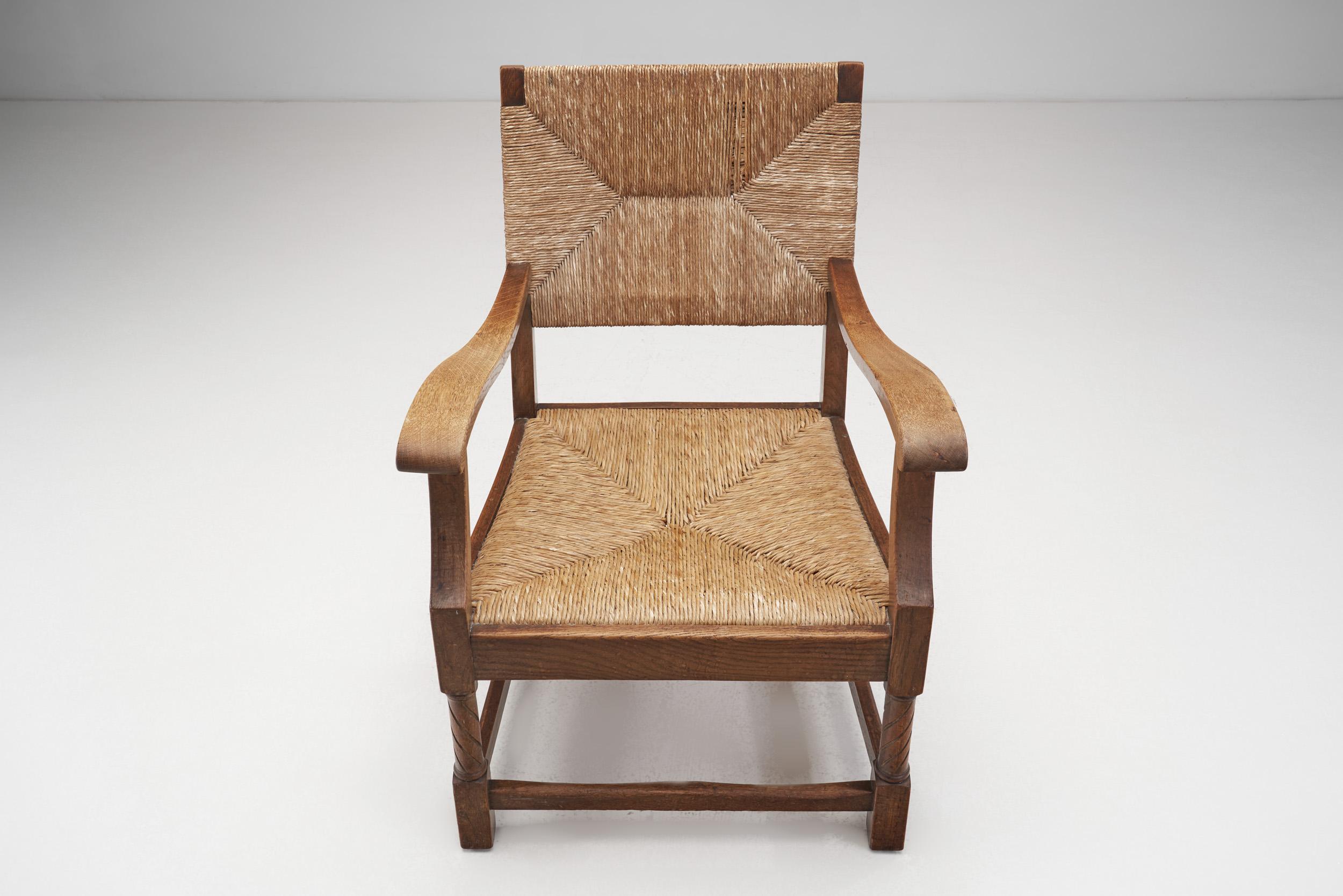 Papercord French Sculpted Oak and Paper Cord Armchairs, France, 1970s