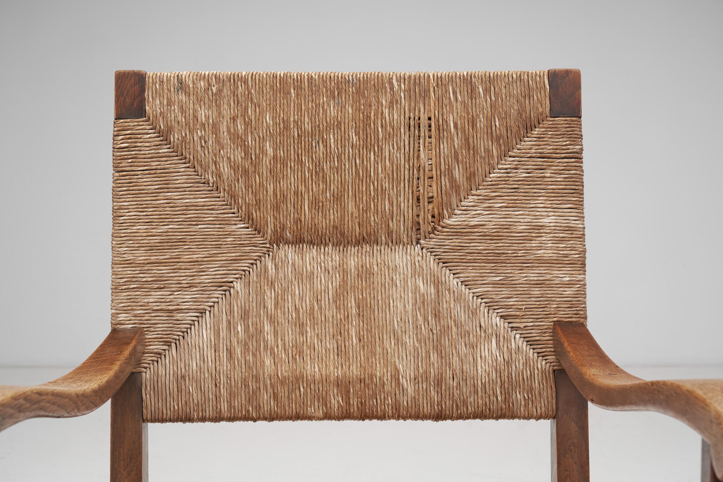 French Sculpted Oak and Paper Cord Armchairs, France, 1970s 1