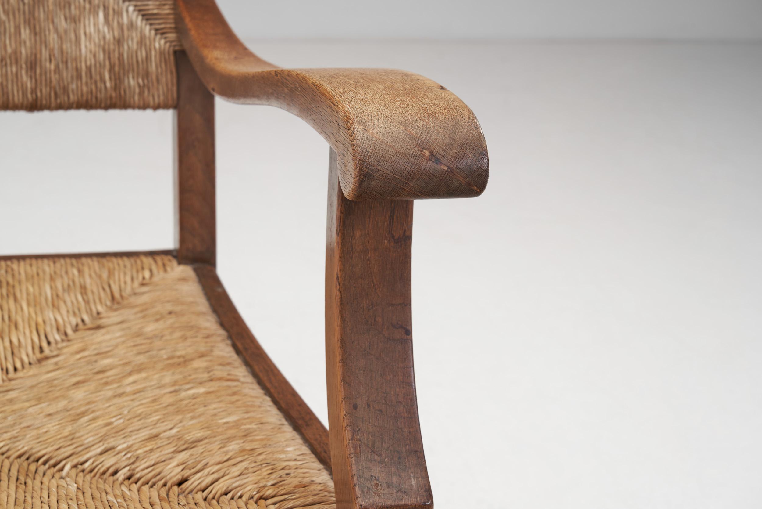 French Sculpted Oak and Paper Cord Armchairs, France, 1970s 2
