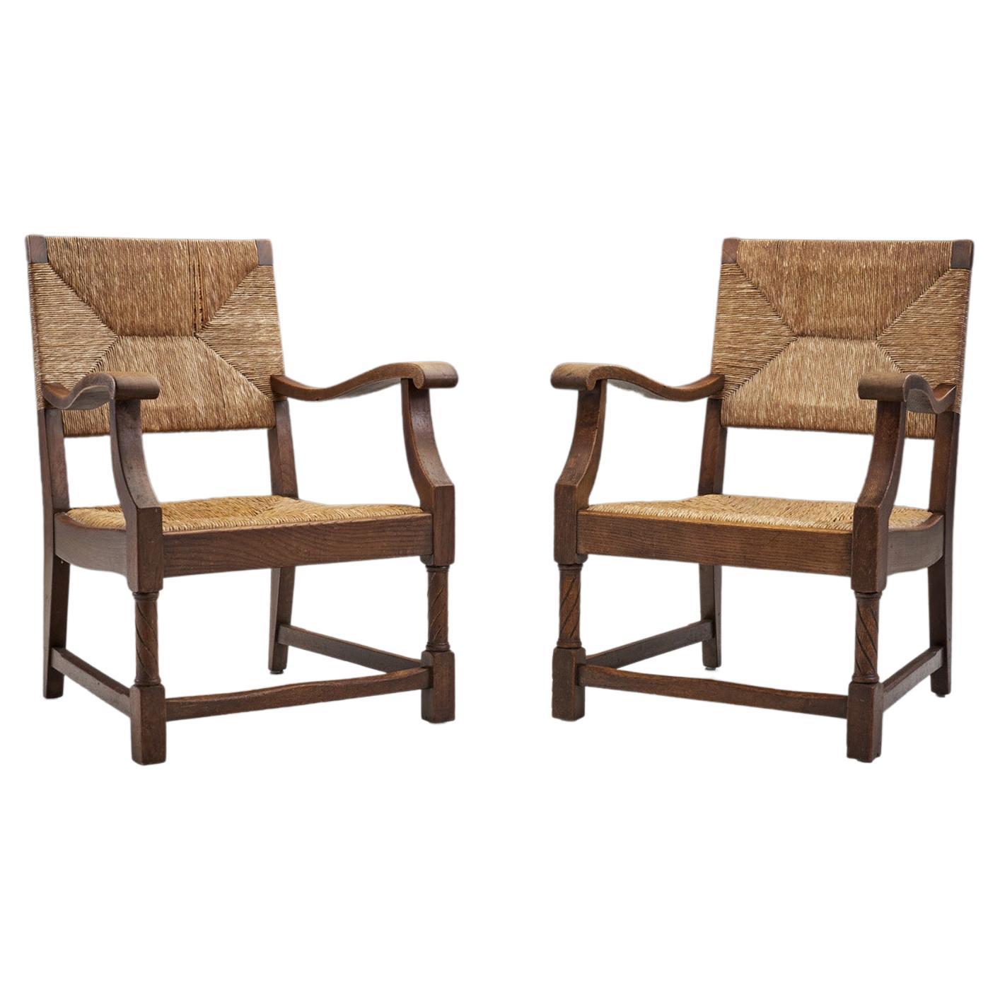 French Sculpted Oak and Paper Cord Armchairs, France, 1970s