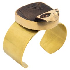 French Sculptor Henri Nogaret Bronze and Brass Brutalist Cuff Bracelet, 1960s