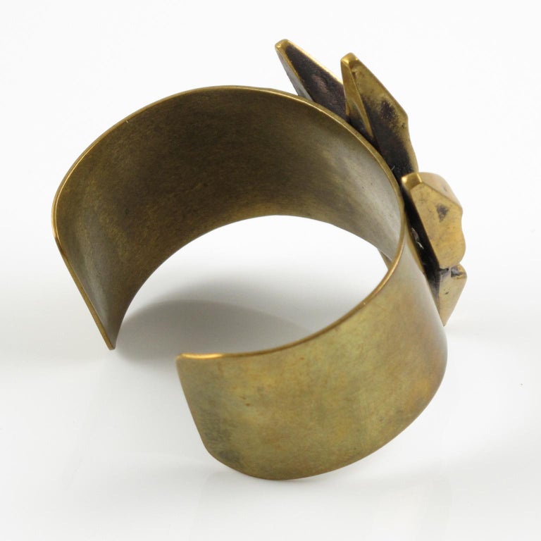 French Sculptor Henri Nogaret Large Modernist Brutalist Bronze Cuff Bracelet For Sale at 1stdibs