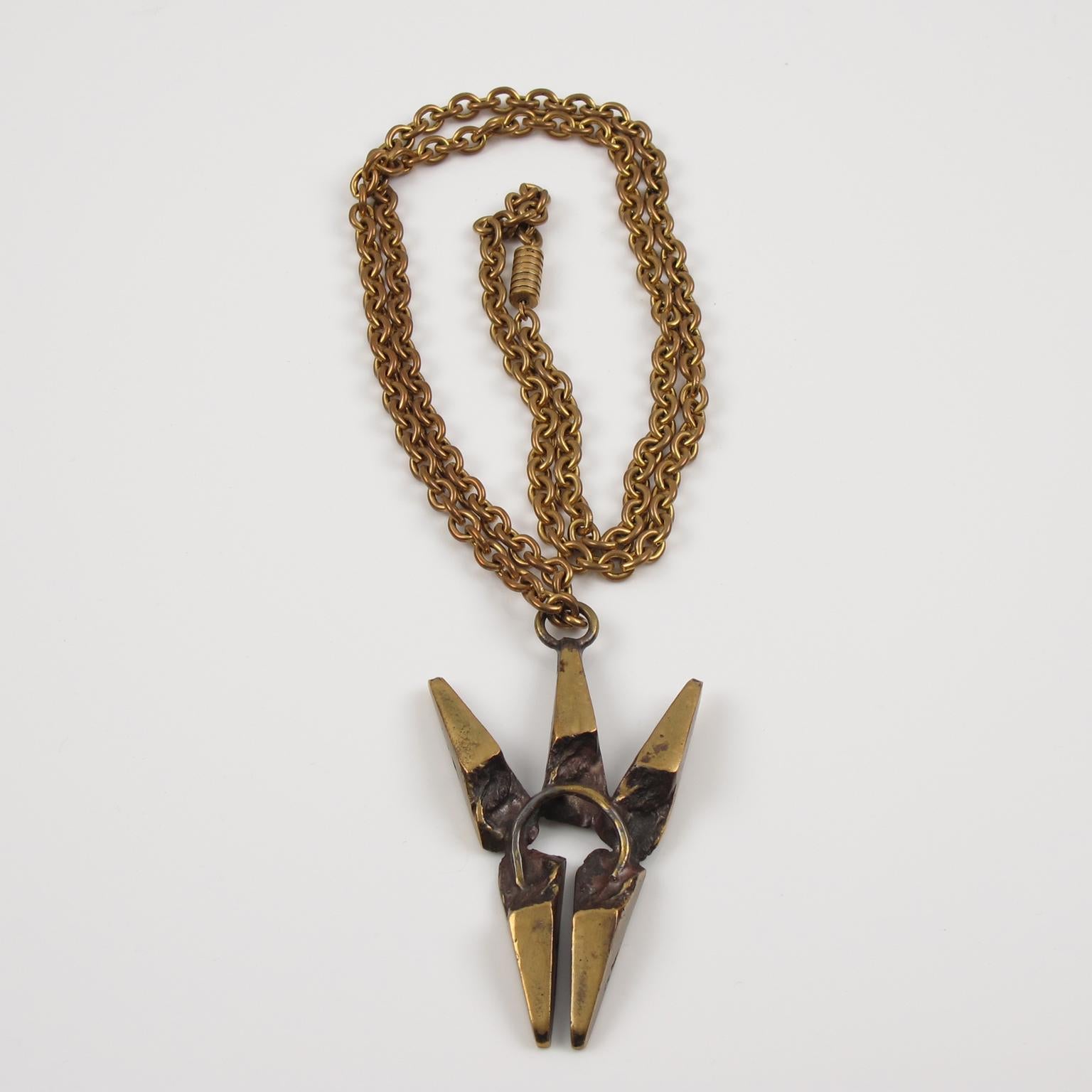 Modernist French Sculptor Henri Nogaret Mid-Century Brutalist Bronze Pendant Necklace For Sale