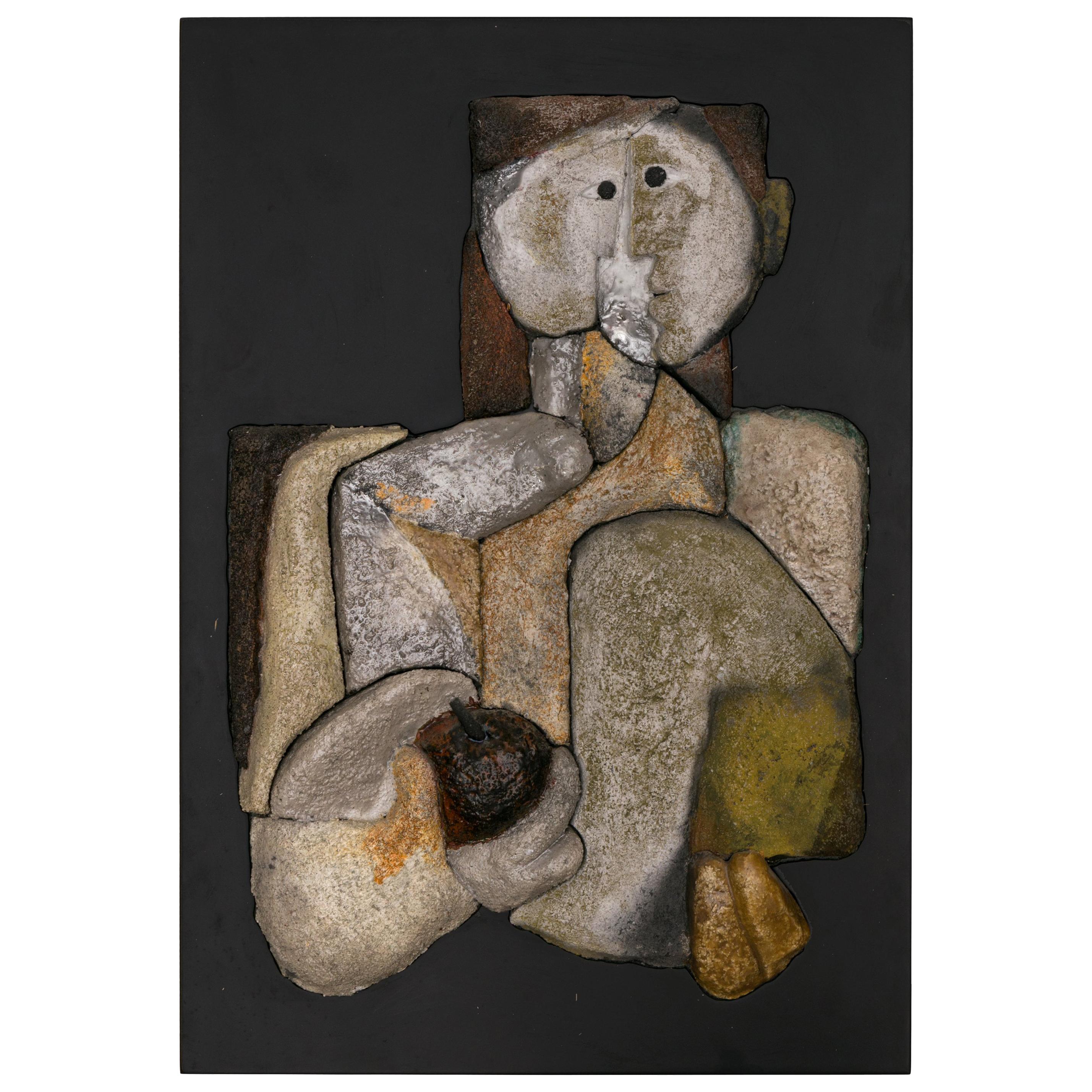 French Sculptural Ceramic Raku Panel, 1990s