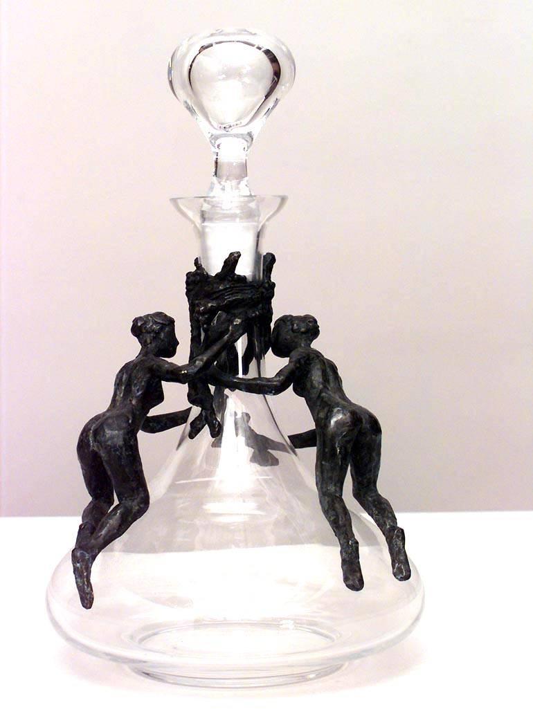 2 French Post-War Design (1980/90s) crystal decanter with bronze female figures and crystal stopper (signed LaROCHE) (PRICED EACH)
