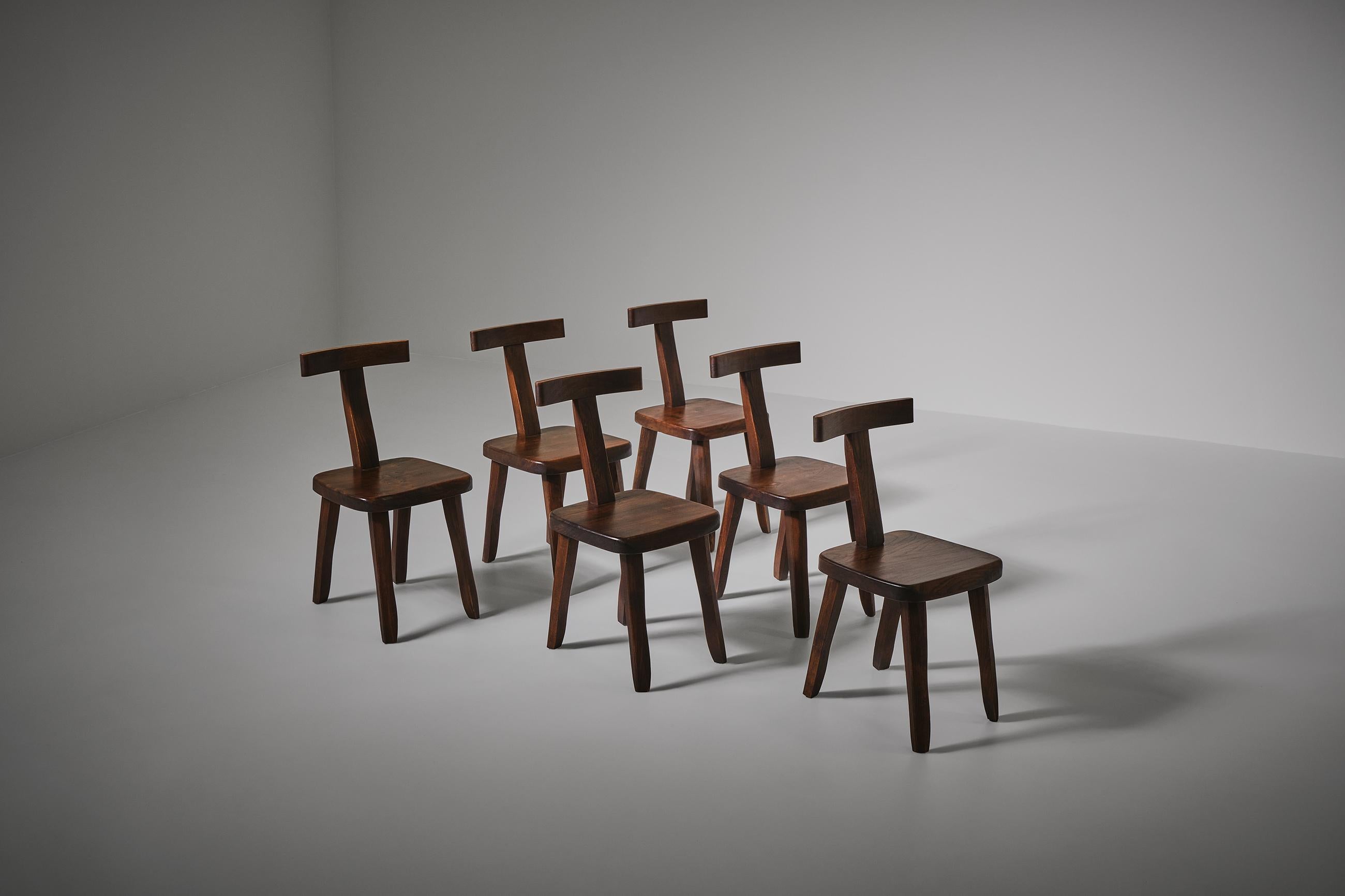 French Sculptural Dining Chairs in Stained Elm In Good Condition In Rotterdam, ZH