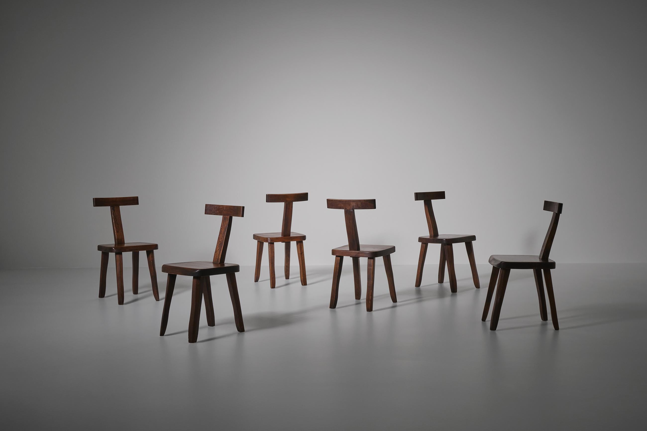 20th Century French Sculptural Dining Chairs in Stained Elm
