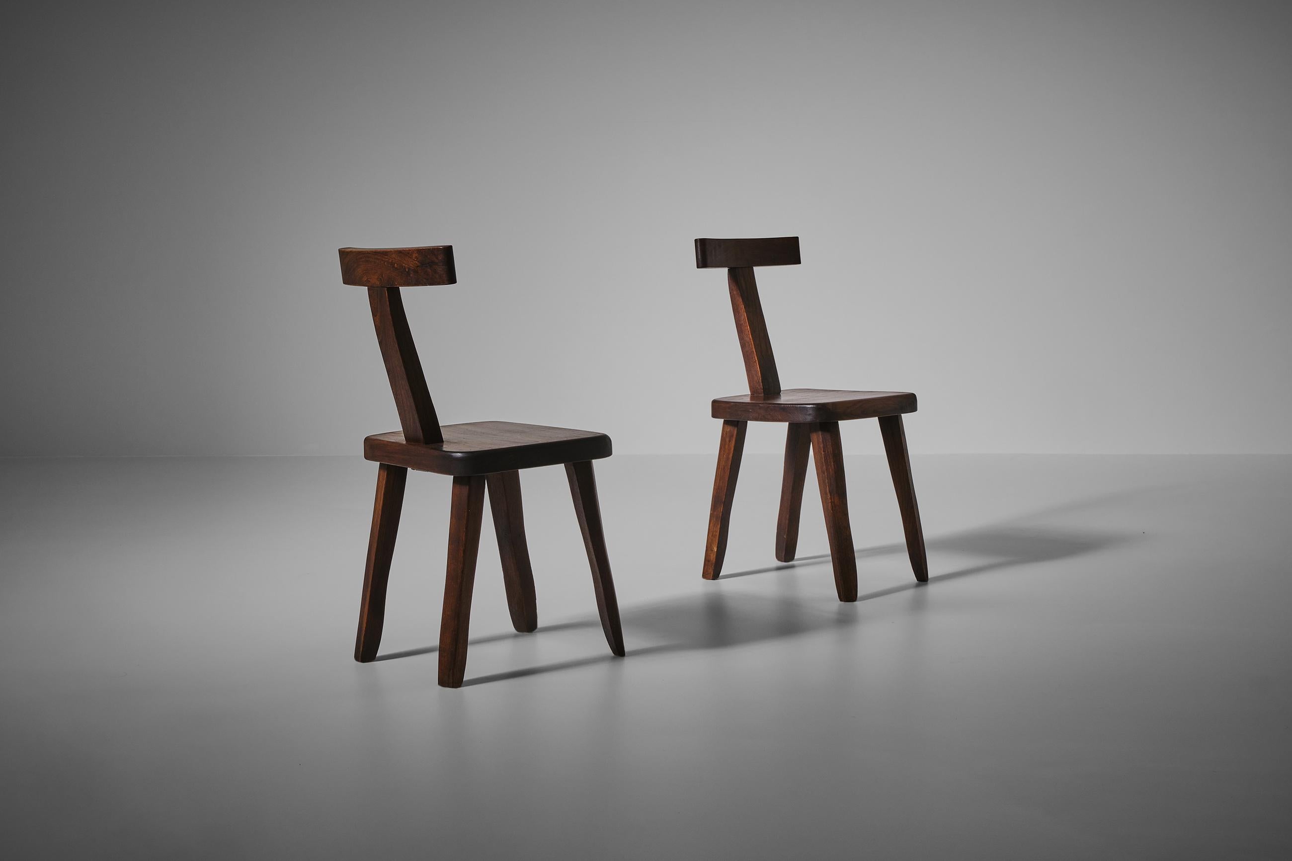 French Sculptural Dining Chairs in Stained Elm 1