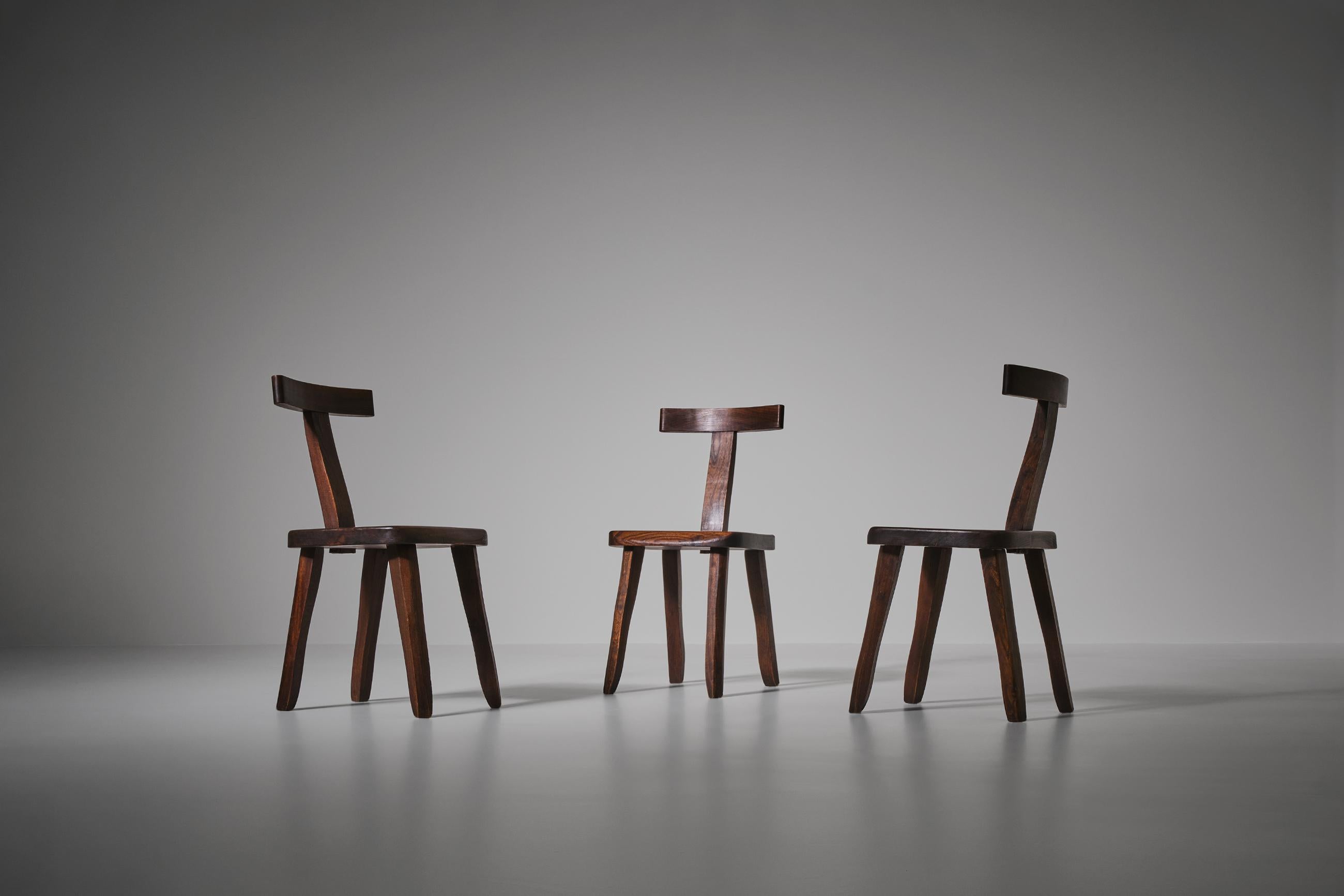 French Sculptural Dining Chairs in Stained Elm 2