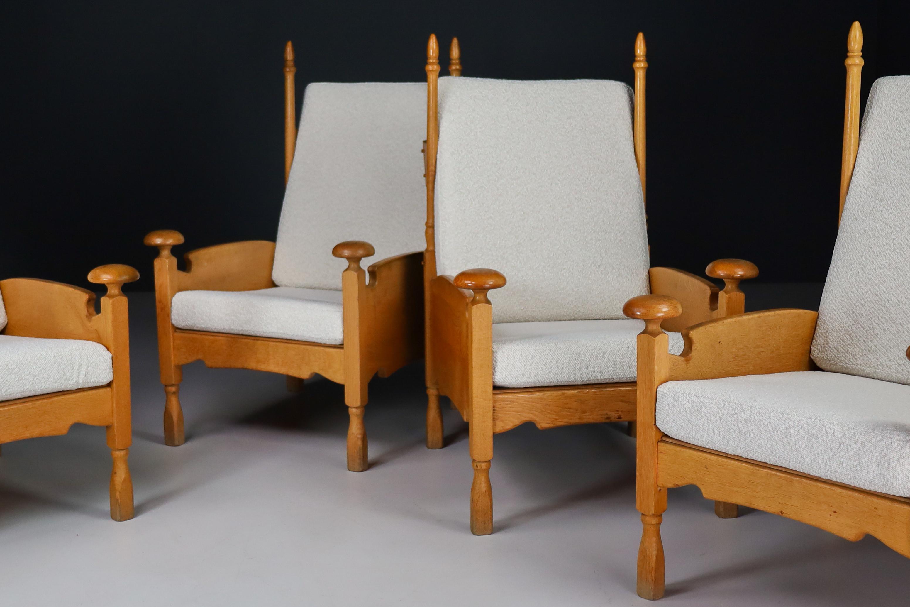 French Sculptural Highback Armchairs in Oak and Reupholstered in Boucle Fabric For Sale 4