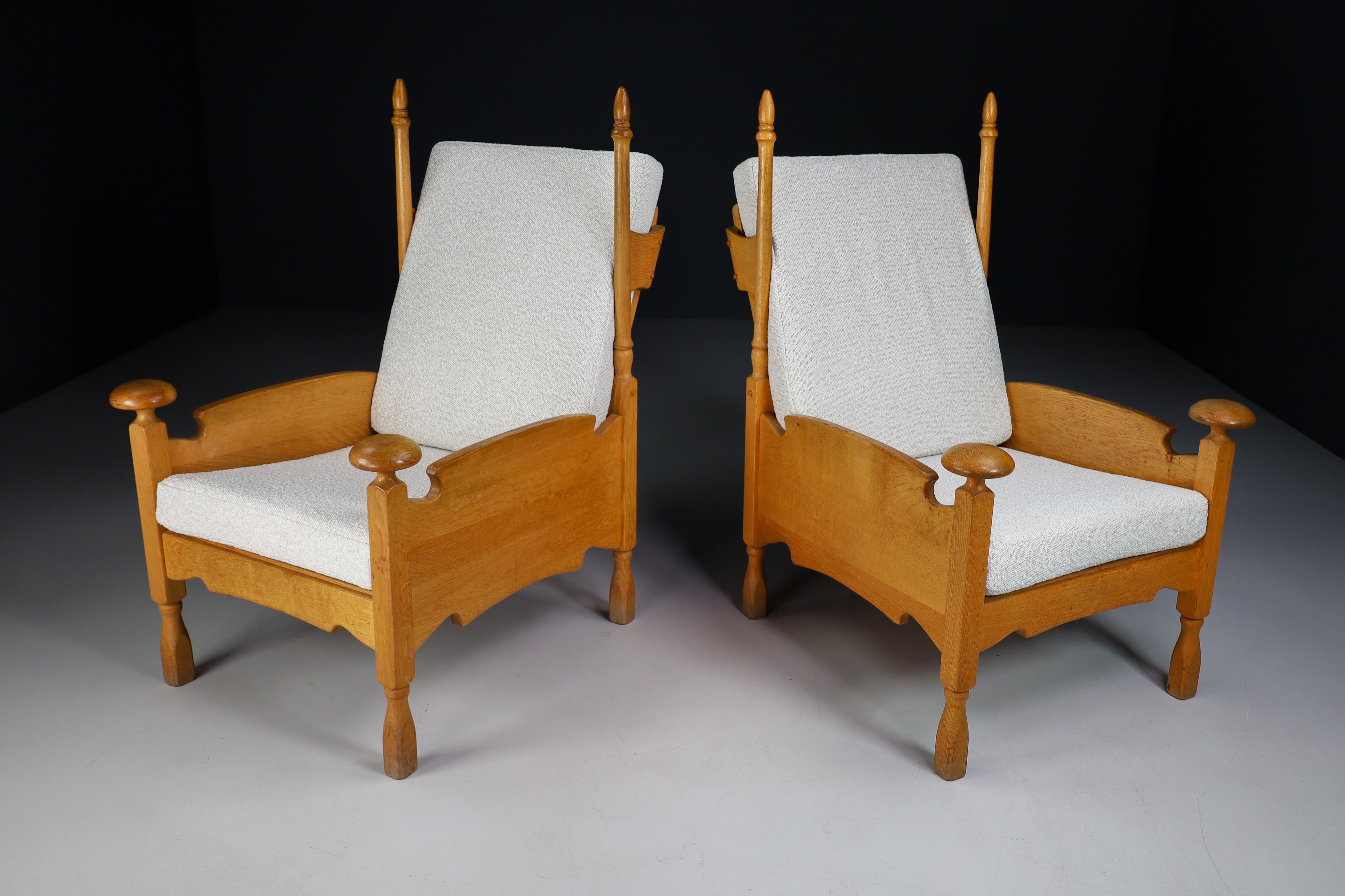 French Sculptural Highback Armchairs in Oak and Reupholstered in Boucle Fabric For Sale 5