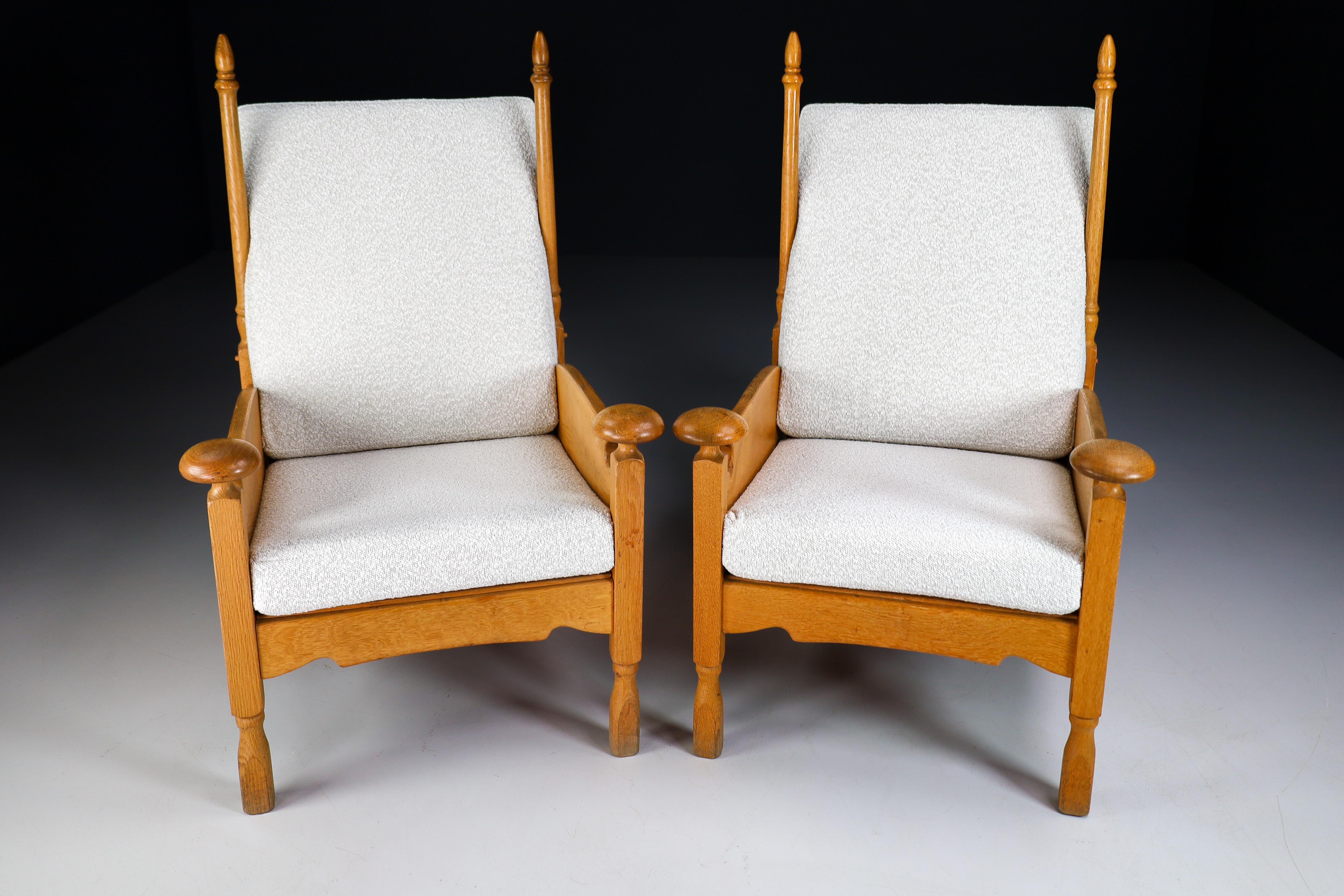 French Sculptural Highback Armchairs in Oak and Reupholstered in Boucle Fabric For Sale 6