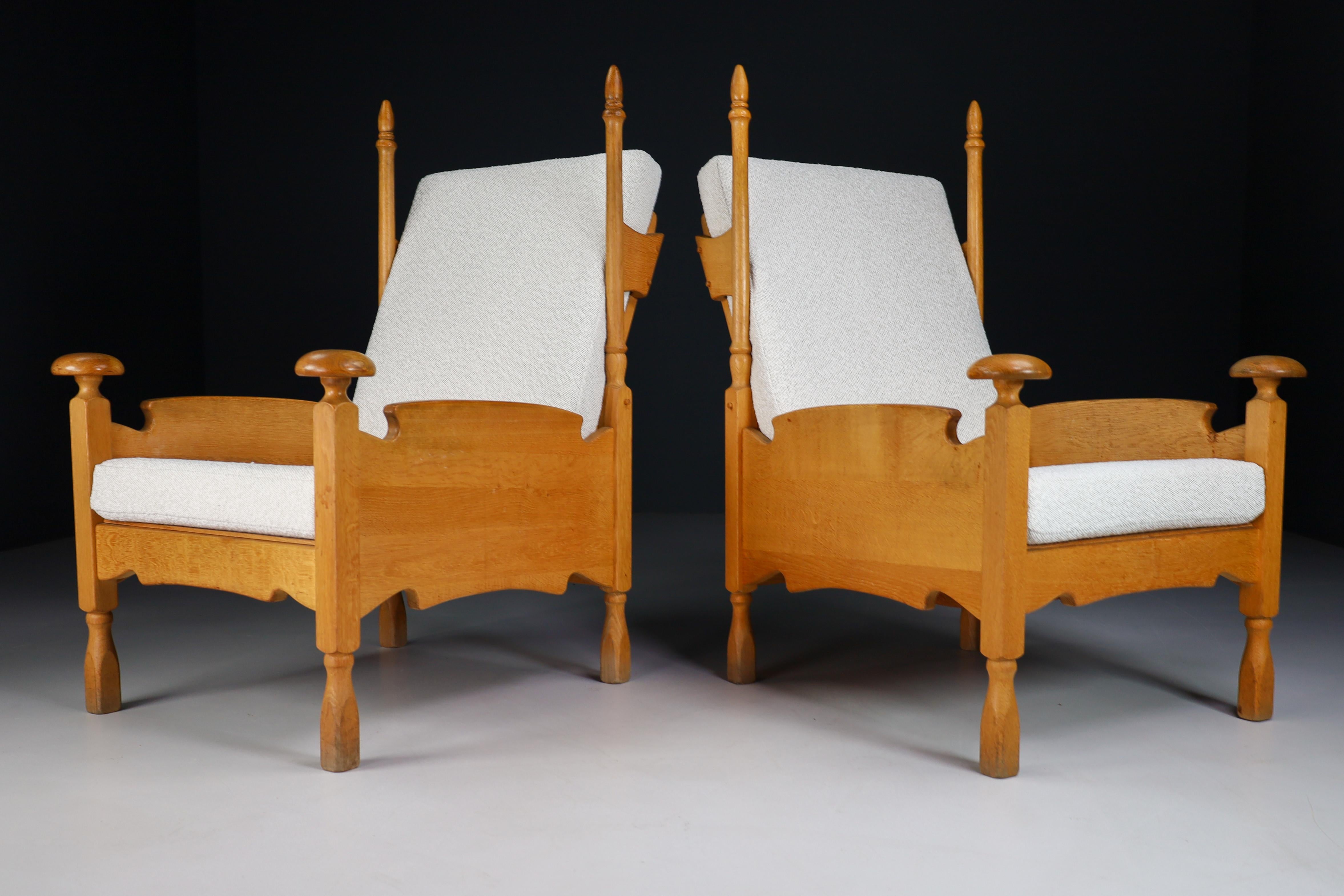 French Sculptural Highback Armchairs in Oak and Reupholstered in Boucle Fabric For Sale 8