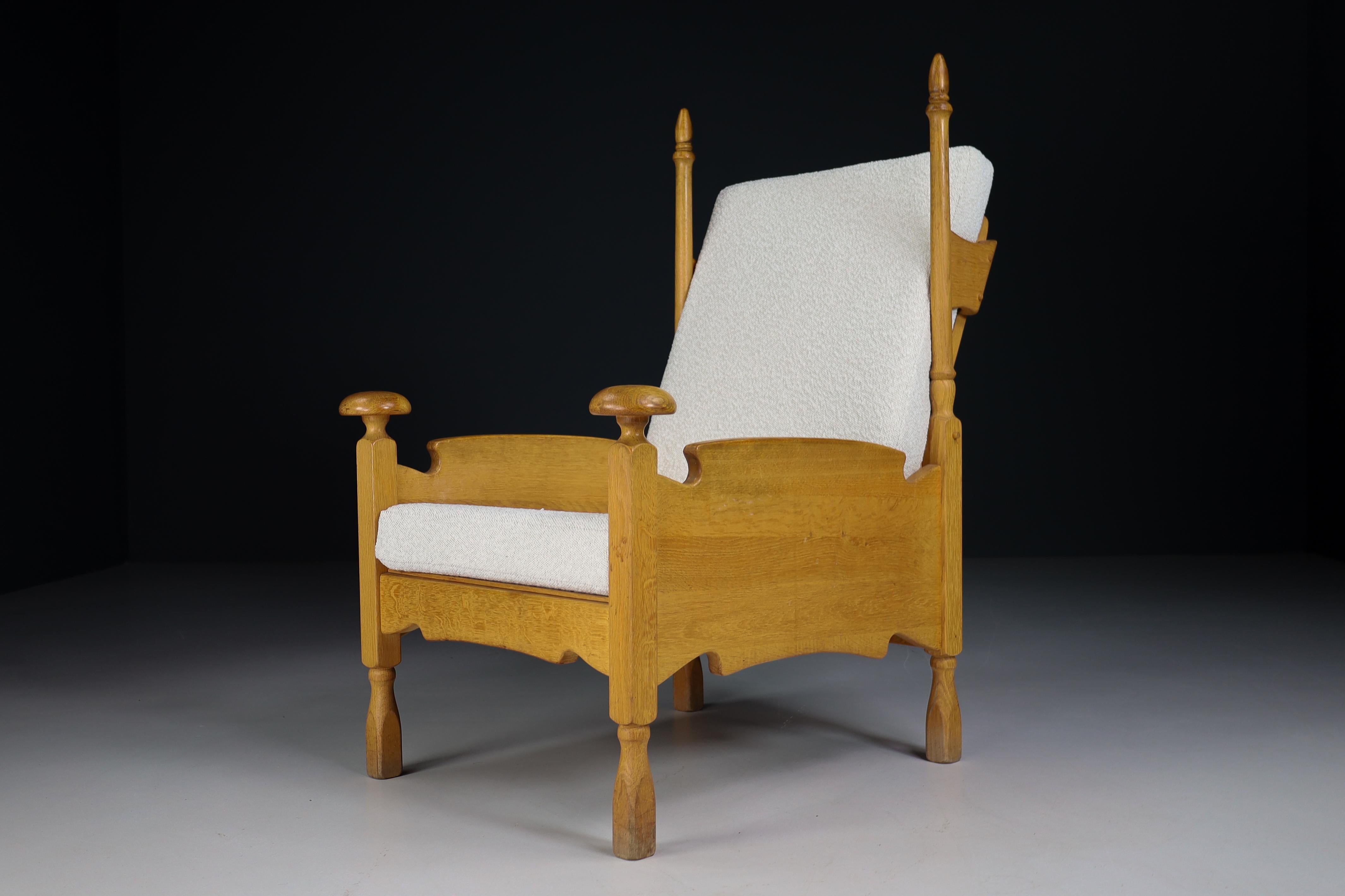 French Sculptural Highback Armchairs in Oak and Reupholstered in Boucle Fabric For Sale 10