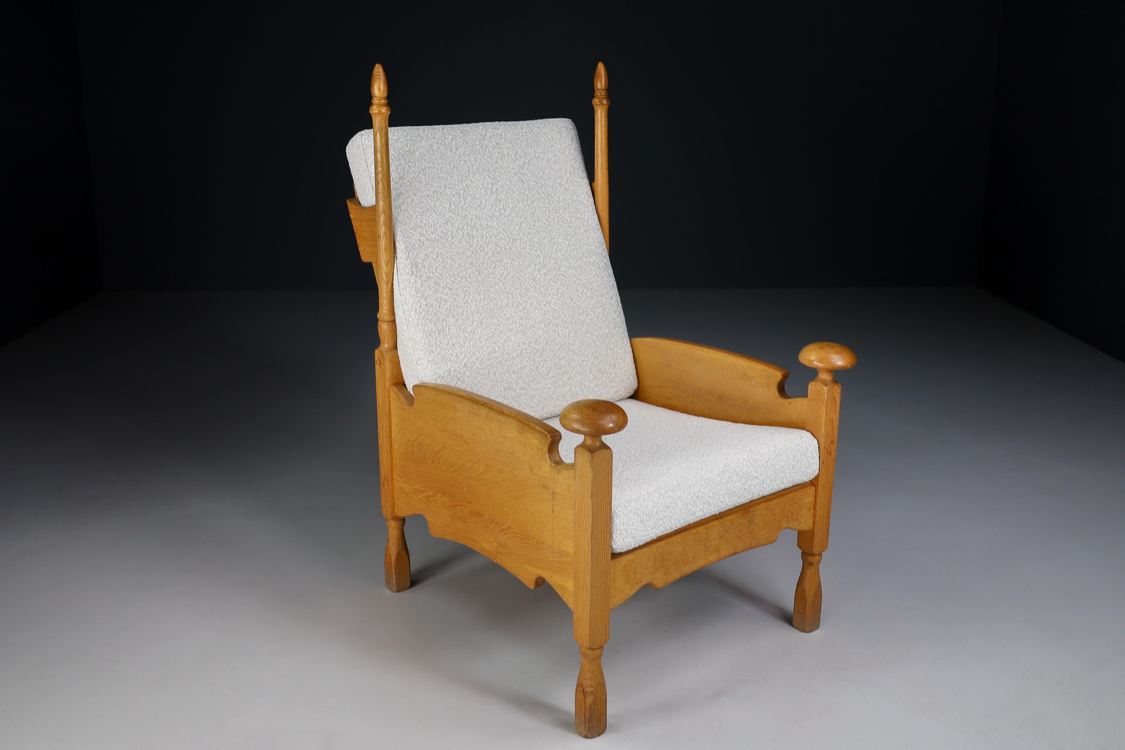 French Sculptural Highback Armchairs in Oak and Reupholstered in Boucle Fabric For Sale 11