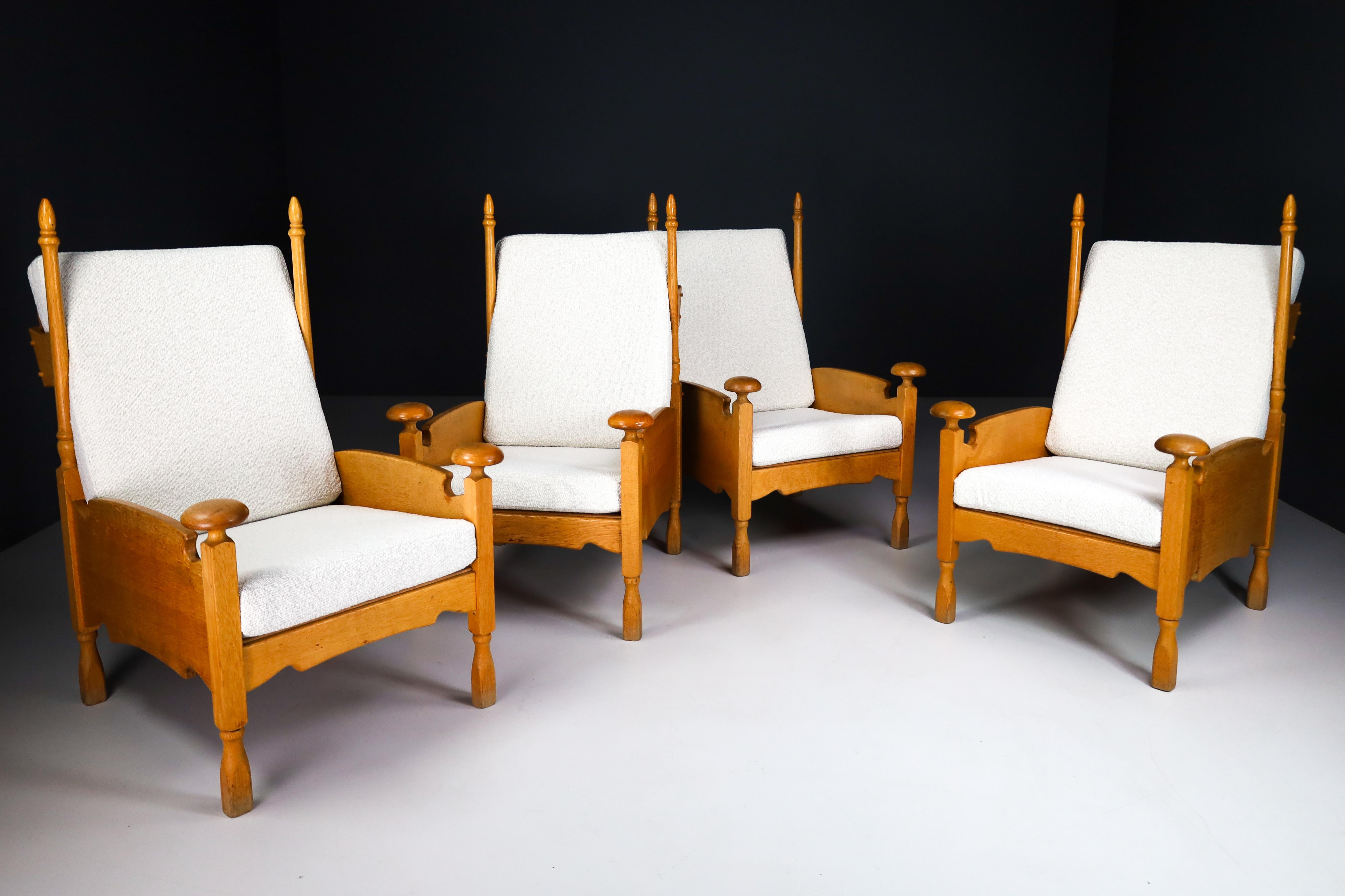 Mid-Century Modern French Sculptural Highback Armchairs in Oak and Reupholstered in Boucle Fabric For Sale
