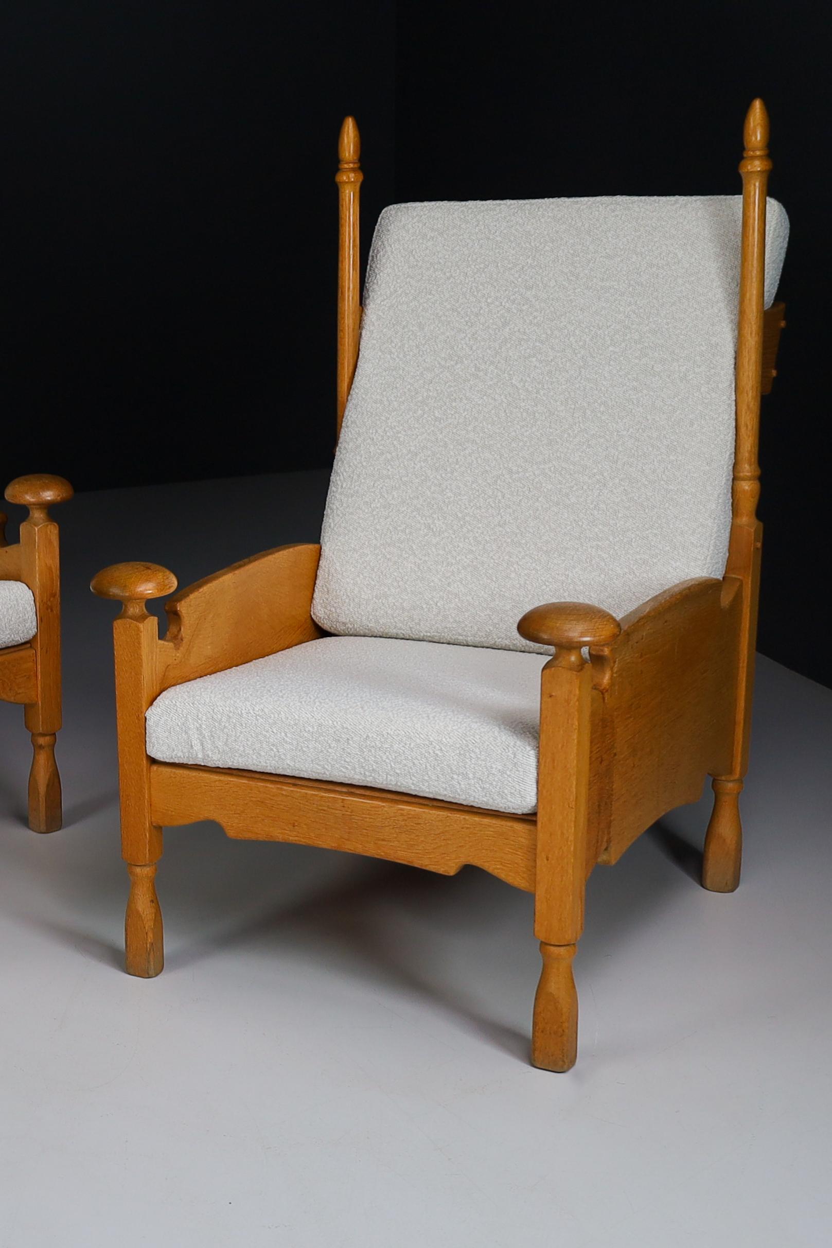 French Sculptural Highback Armchairs in Oak and Reupholstered in Boucle Fabric In Good Condition For Sale In Almelo, NL