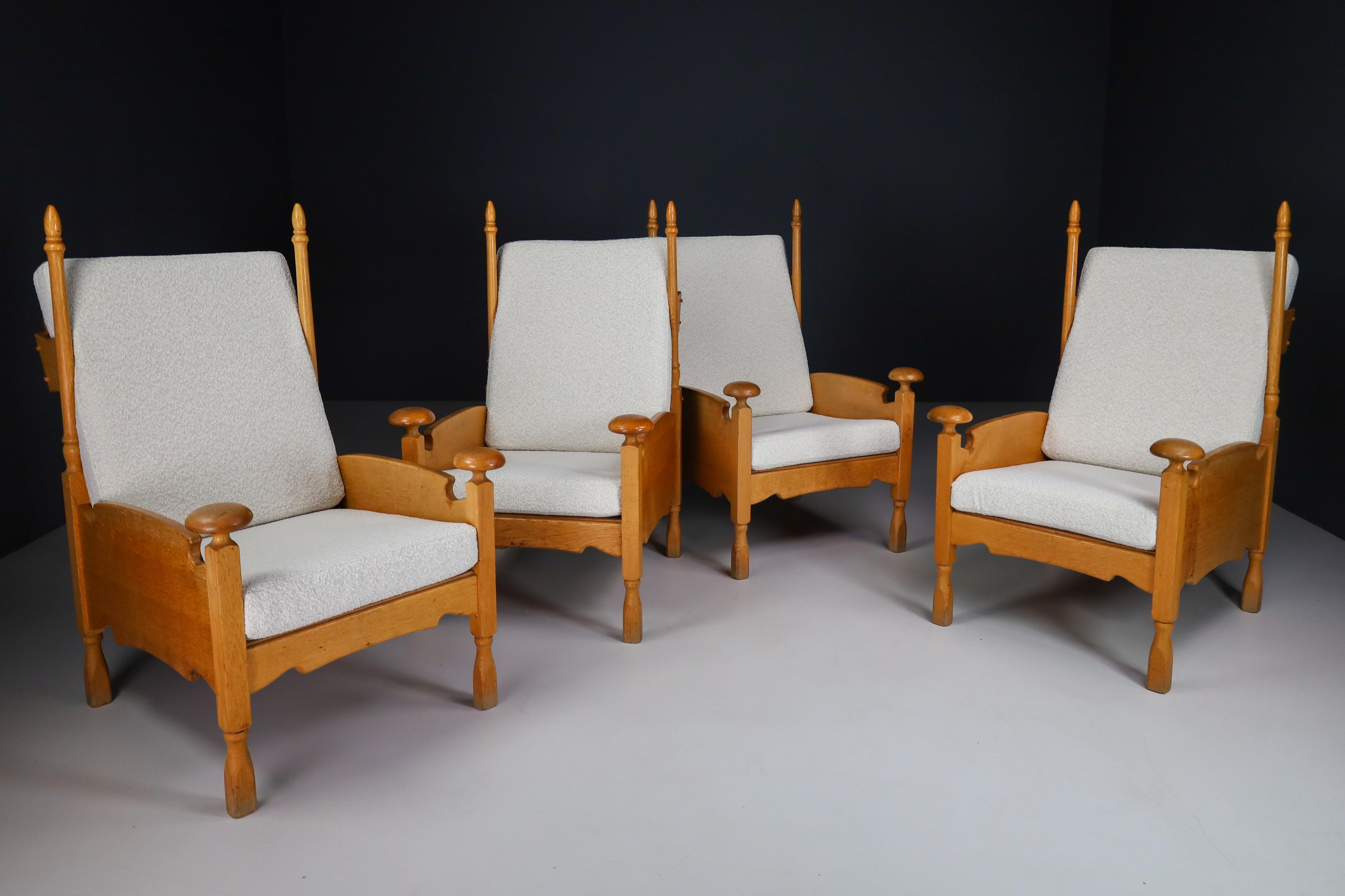 20th Century French Sculptural Highback Armchairs in Oak and Reupholstered in Boucle Fabric For Sale