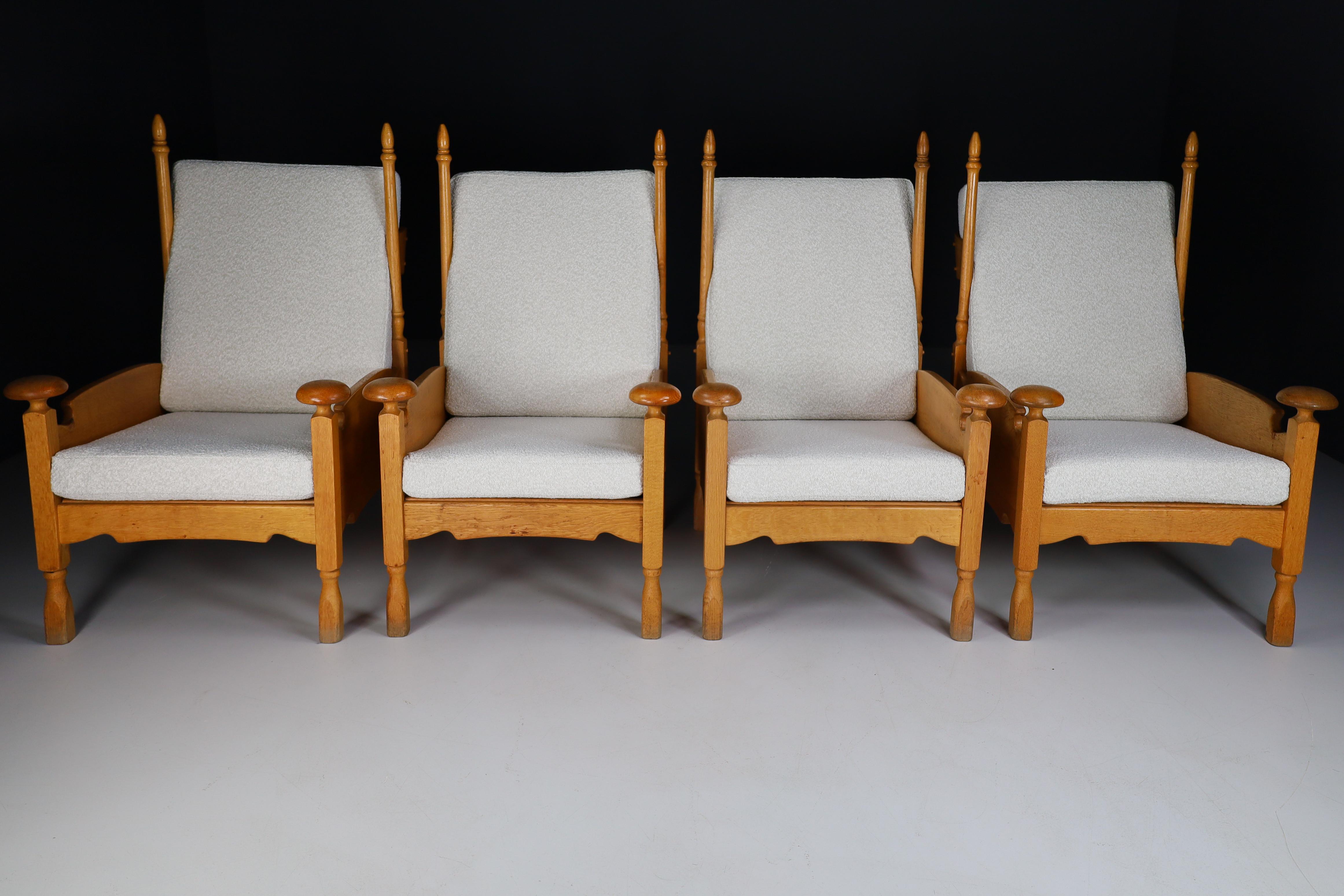 Bouclé French Sculptural Highback Armchairs in Oak and Reupholstered in Boucle Fabric For Sale